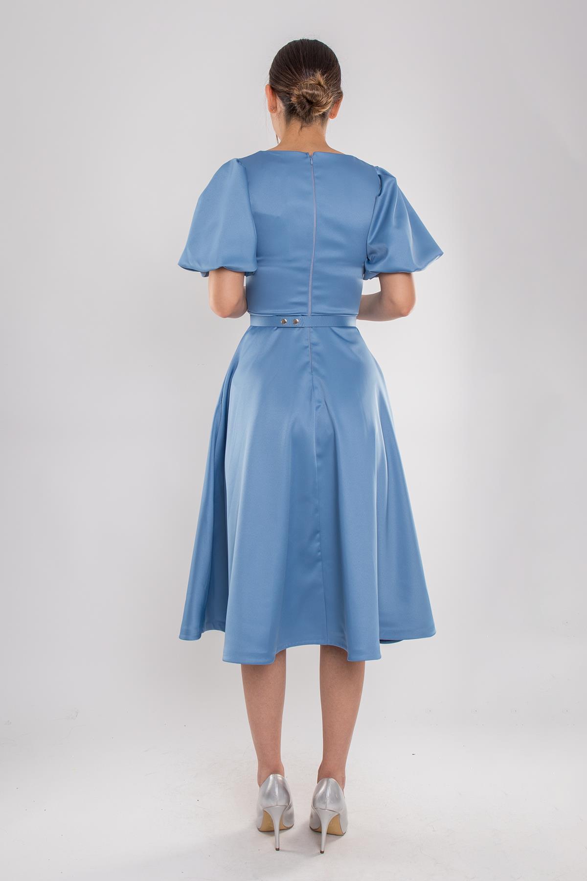 1232 Balon Kol Kloş Etek Kemerli Midiboy Abiye Elbise