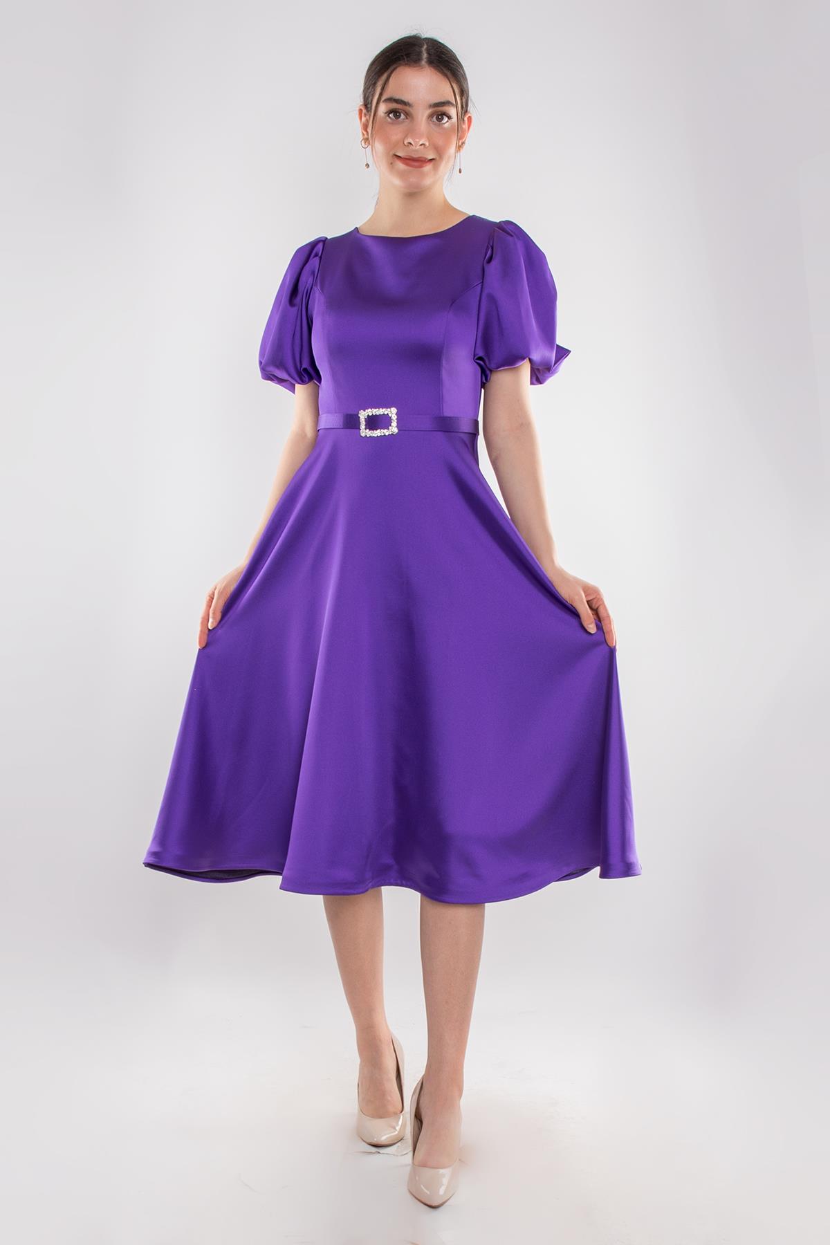 1232 Balon Kol Kloş Etek Kemerli Midiboy Abiye Elbise