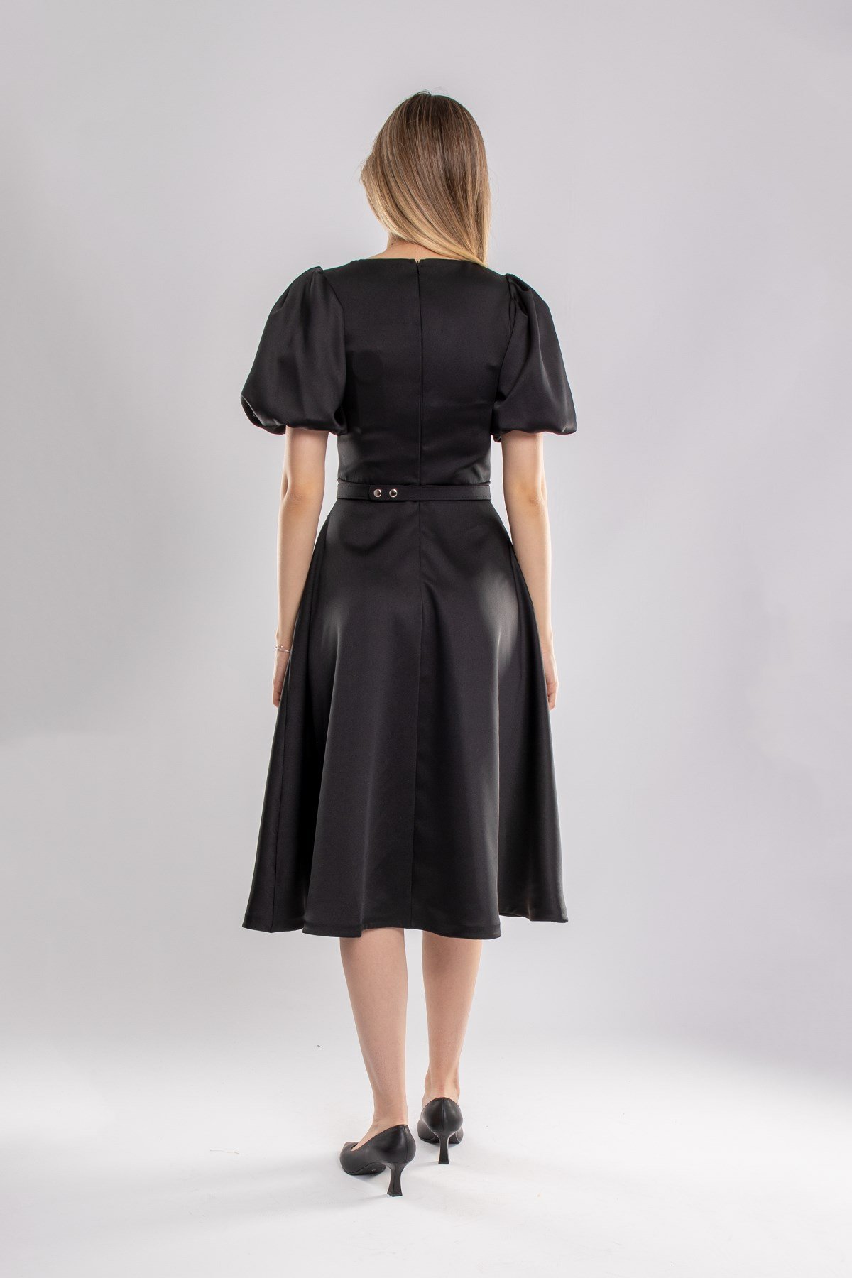 1232 Balon Kol Kloş Etek Kemerli Midiboy Abiye Elbise