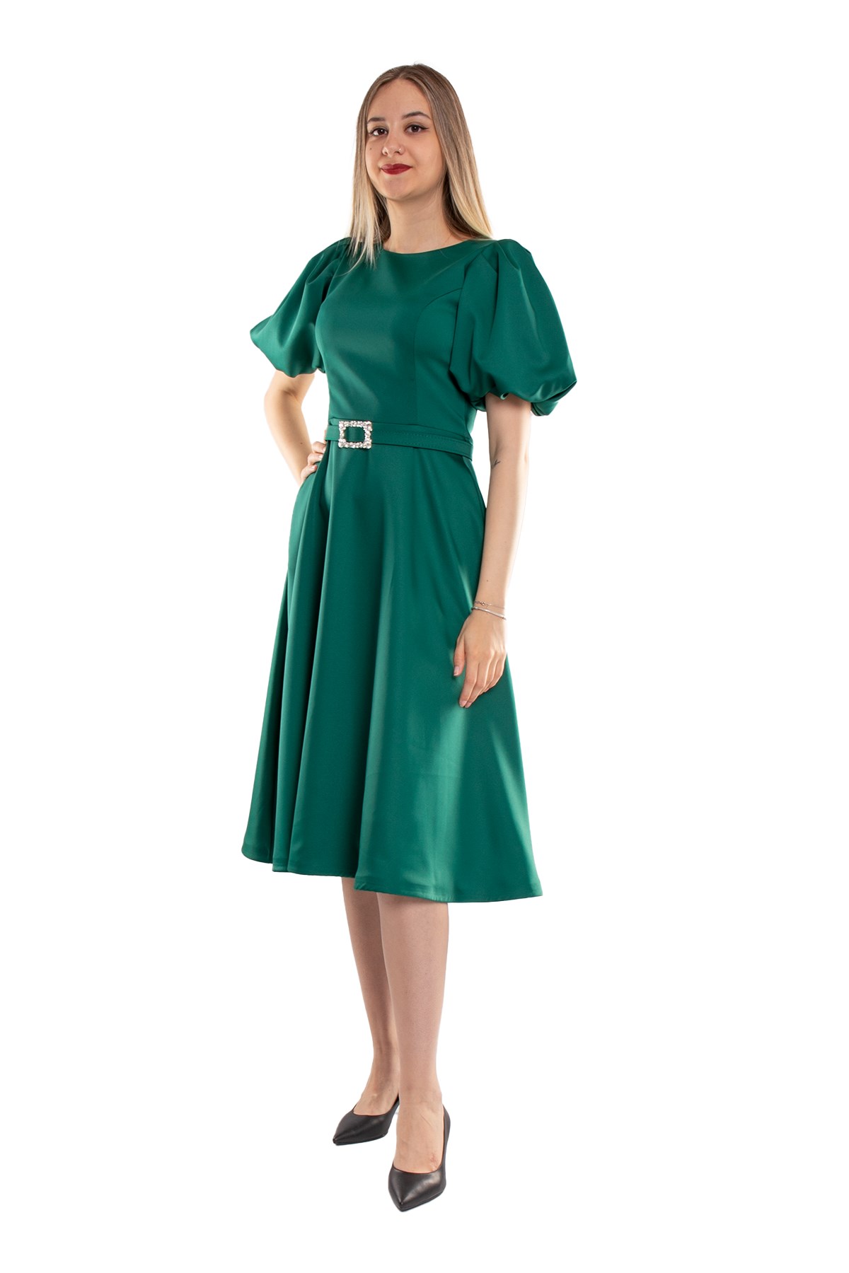 1232 Balon Kol Kloş Etek Kemerli Midiboy Abiye Elbise