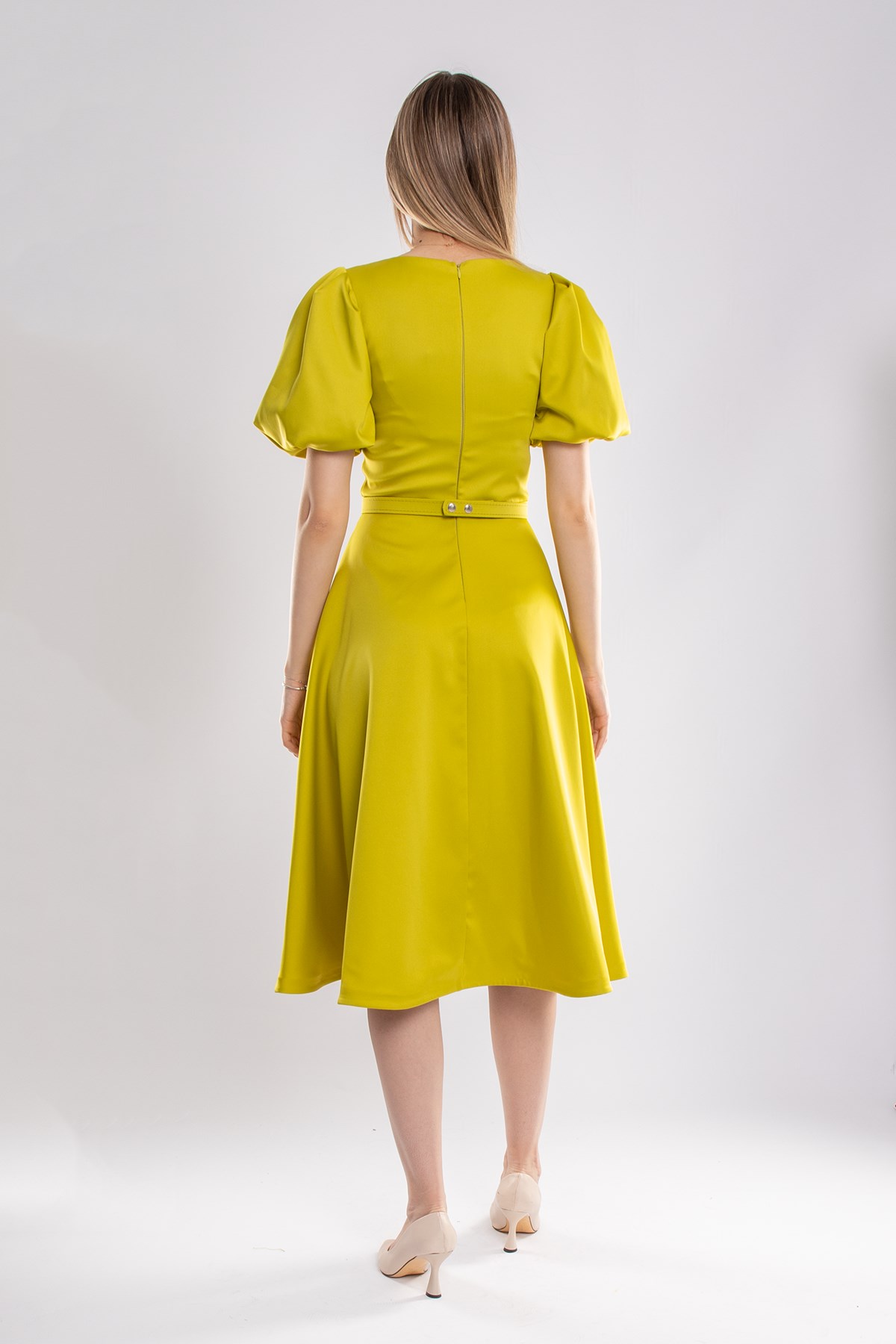 1232 Balon Kol Kloş Etek Kemerli Midiboy Abiye Elbise