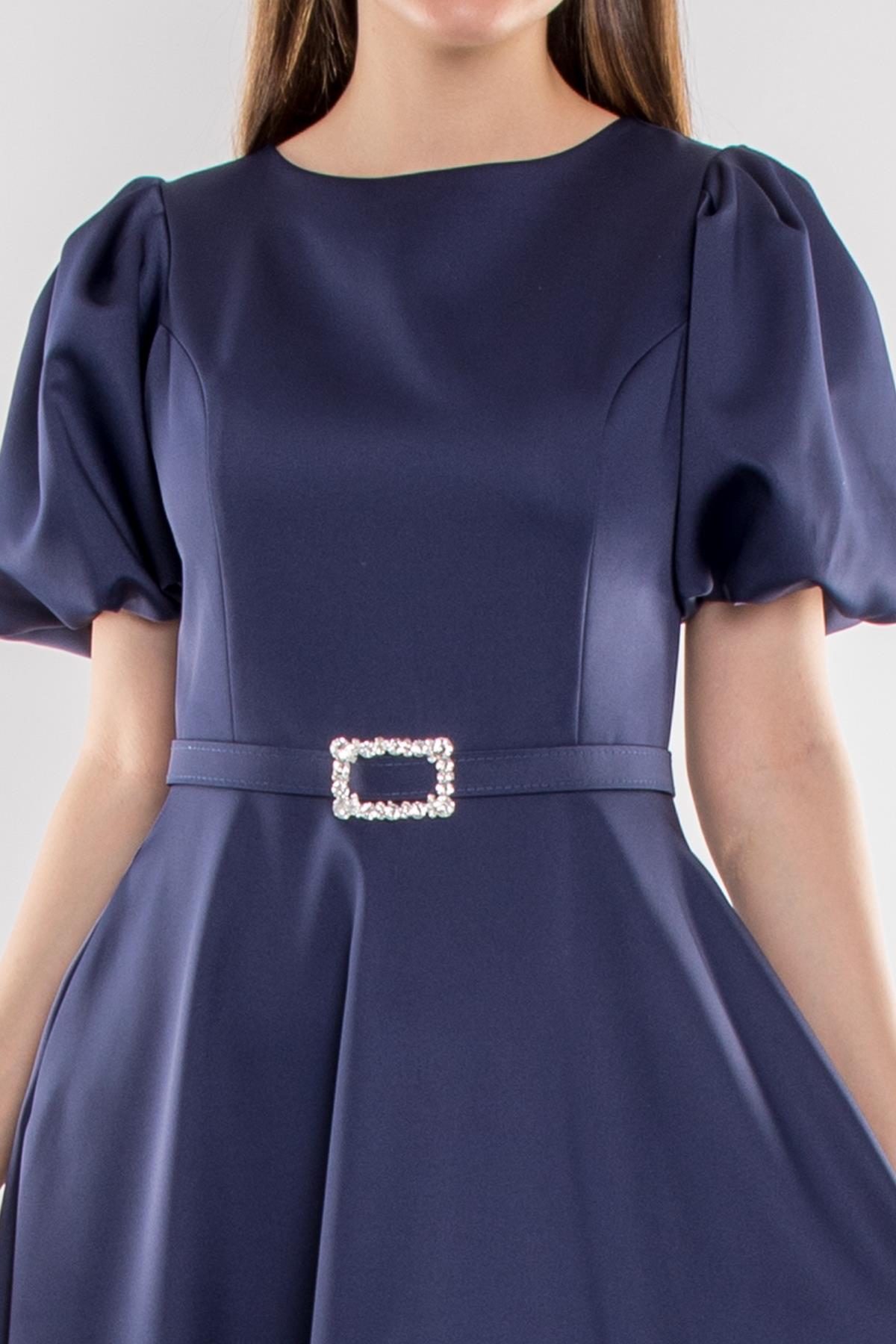 1232 Balon Kol Kloş Etek Kemerli Midiboy Abiye Elbise