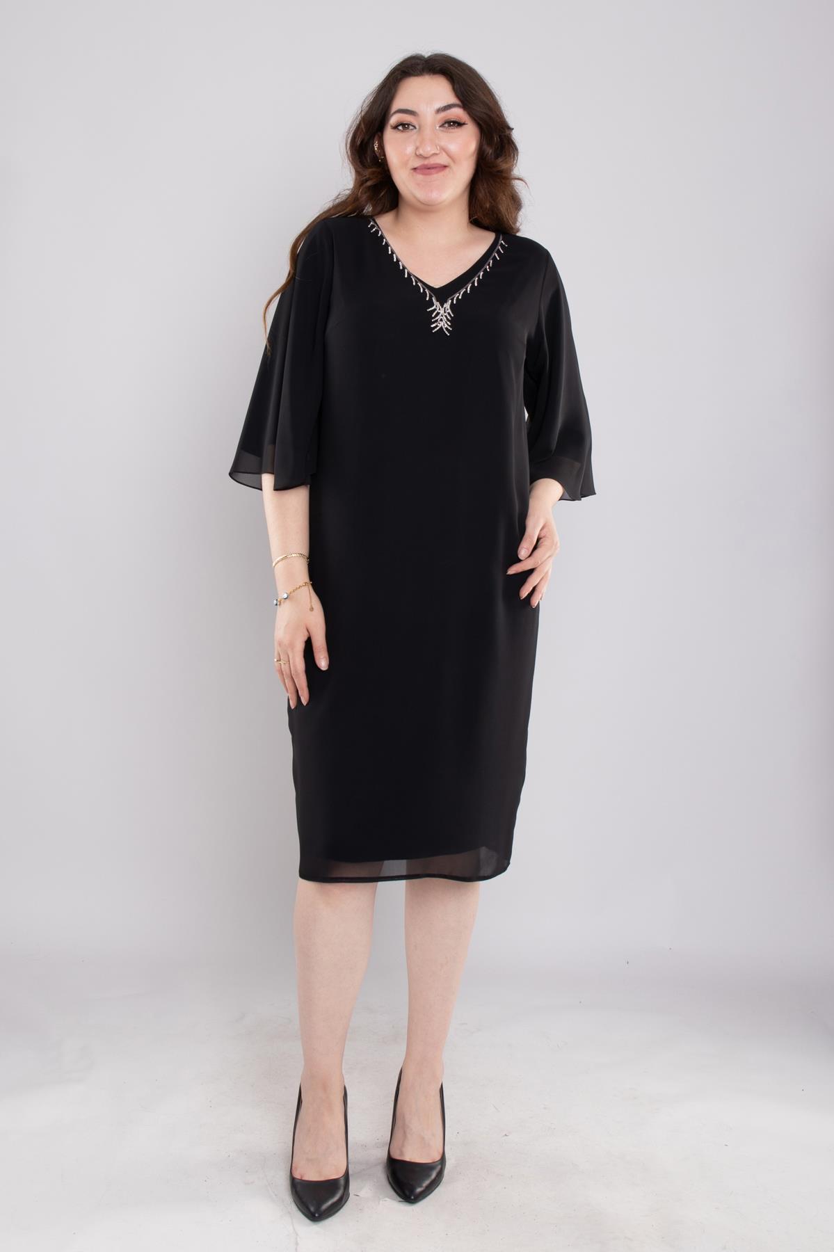 125 Büyük Beden Vyaka Şerit Taş Kolyeli Kısa Şifopn Elbise