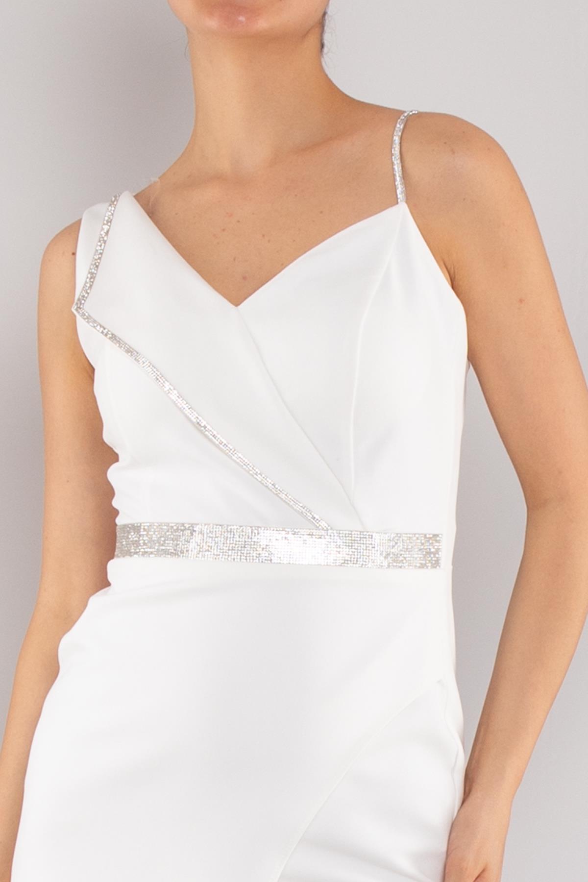 1252 Tek Omuz Zincir Detay Eteği Asimetrik Kısa Krep Elbise