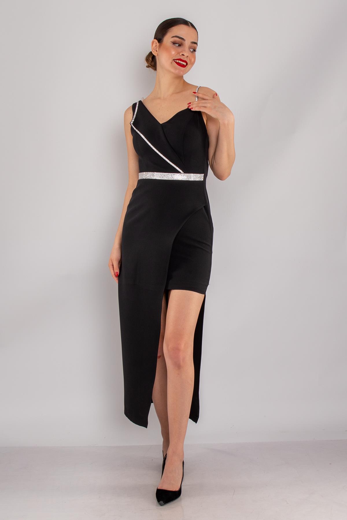 1252 Tek Omuz Zincir Detay Eteği Asimetrik Kısa Krep Elbise