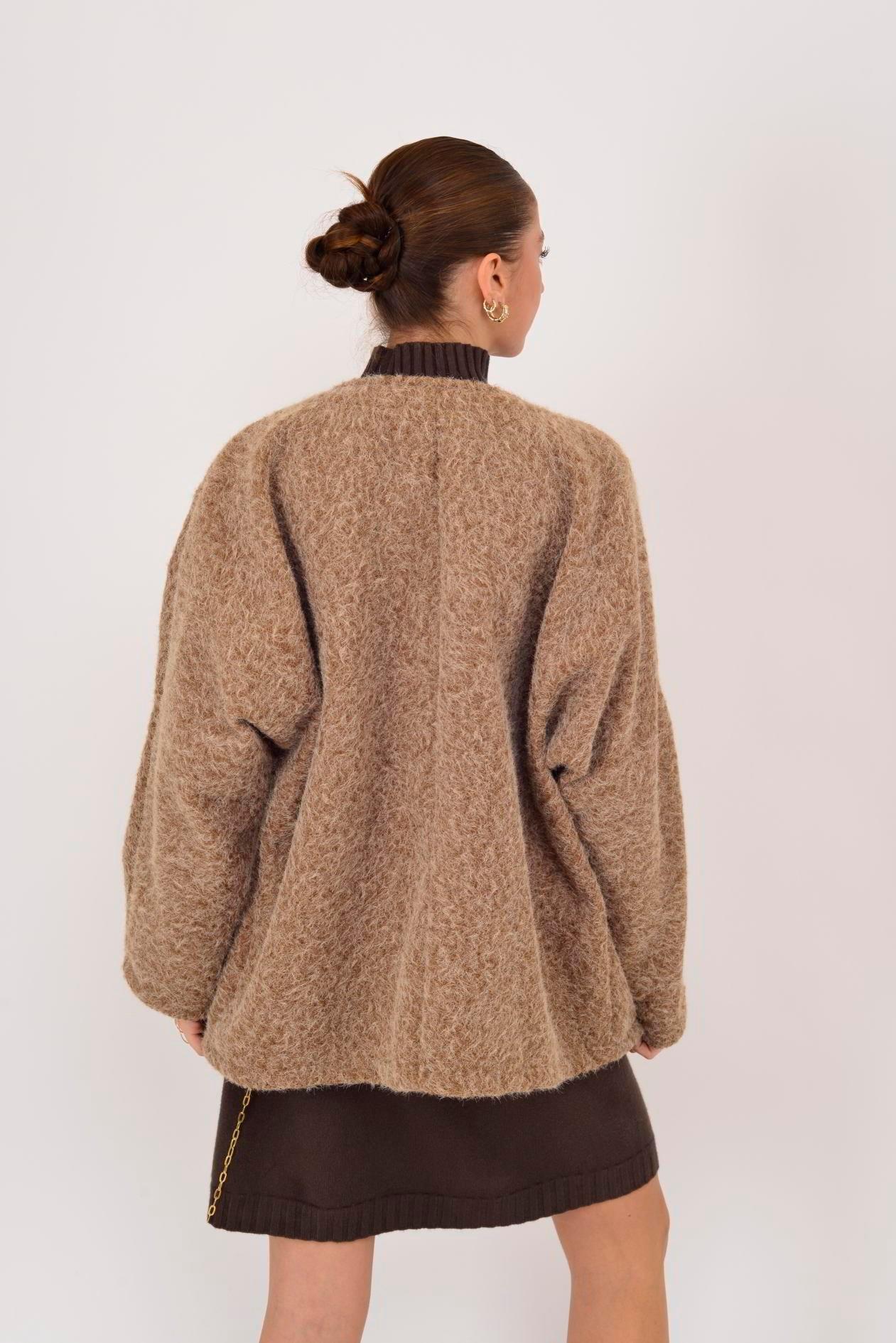 12586 Düz Desen Yakasız Bağlamalı Keçe Ceket