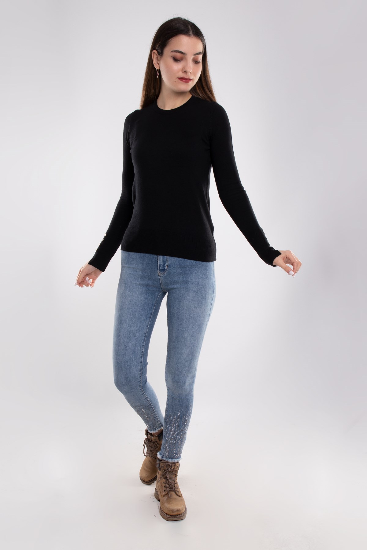 1267 Bisiklet Yaka Kol Ortası Droplu Kadın Kazak