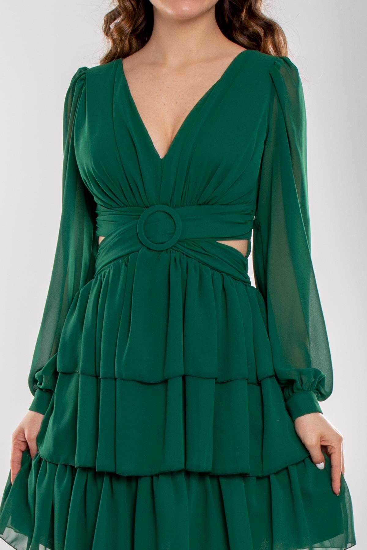 1298 Beli Çapraz Tokalı Sırtı İpli Uzun Kollu Kısa Şifon Elbise