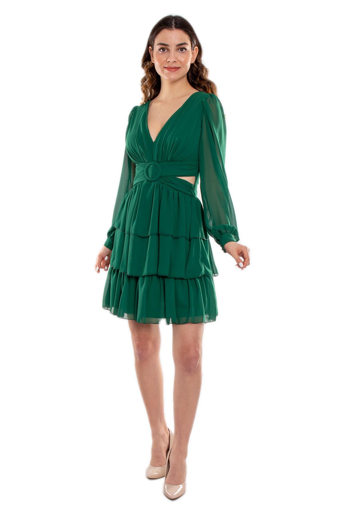 1298 Beli Çapraz Tokalı Sırtı İpli Uzun Kollu Kısa Şifon Elbise