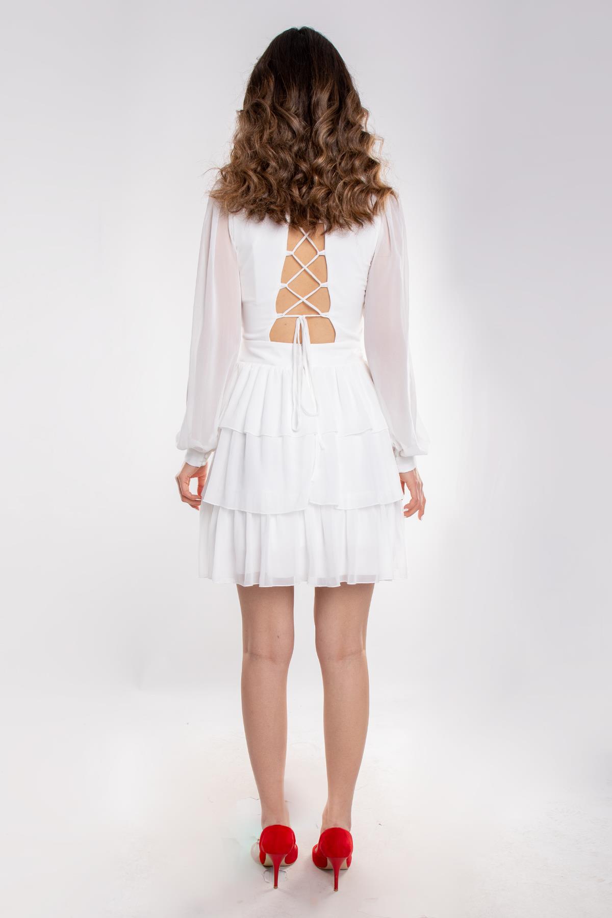 1298 Beli Çapraz Tokalı Sırtı İpli Uzun Kollu Kısa Şifon Elbise