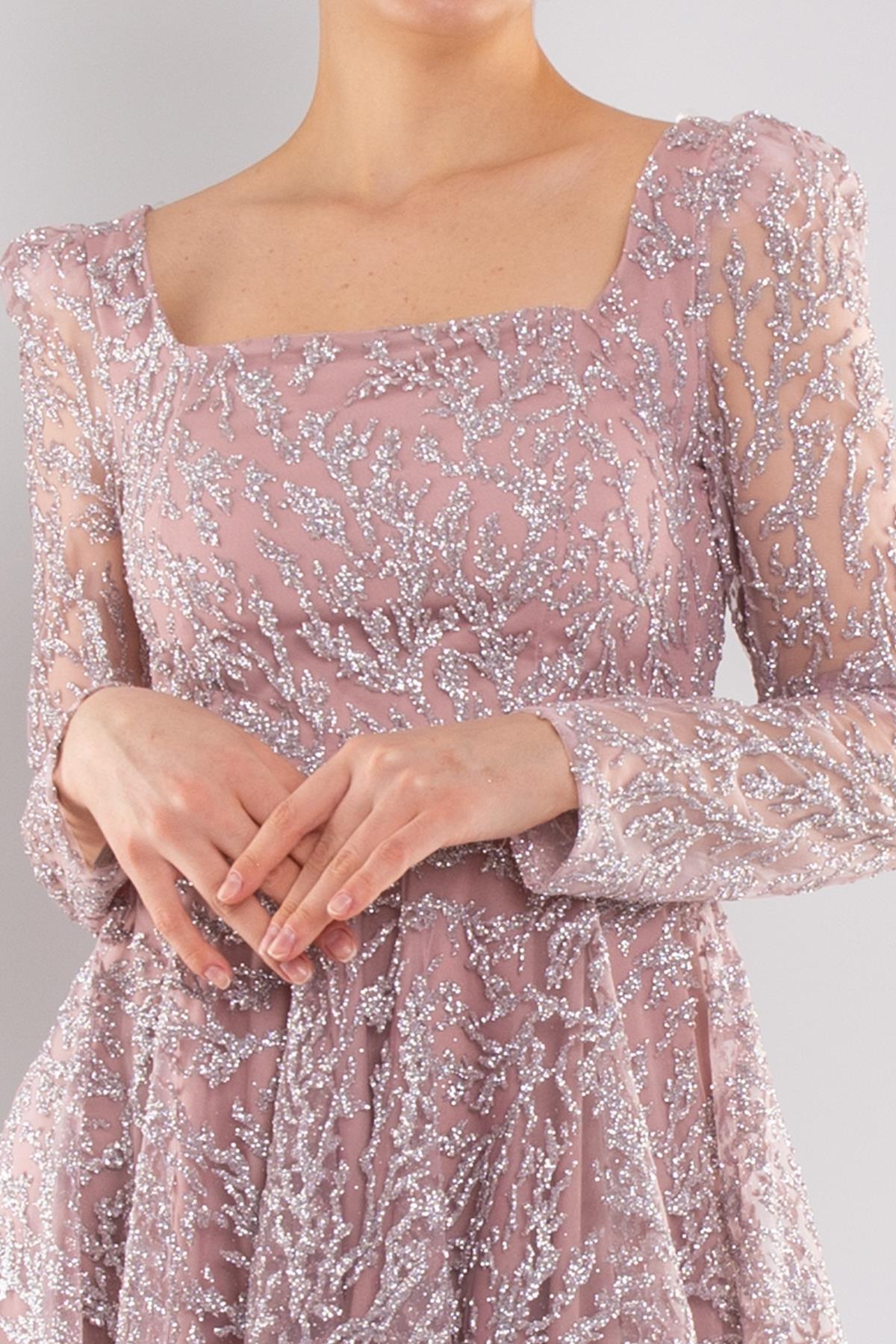 1299 Kare Yaka Uzunkol Simli Eteği Valon Midiboy Elbise