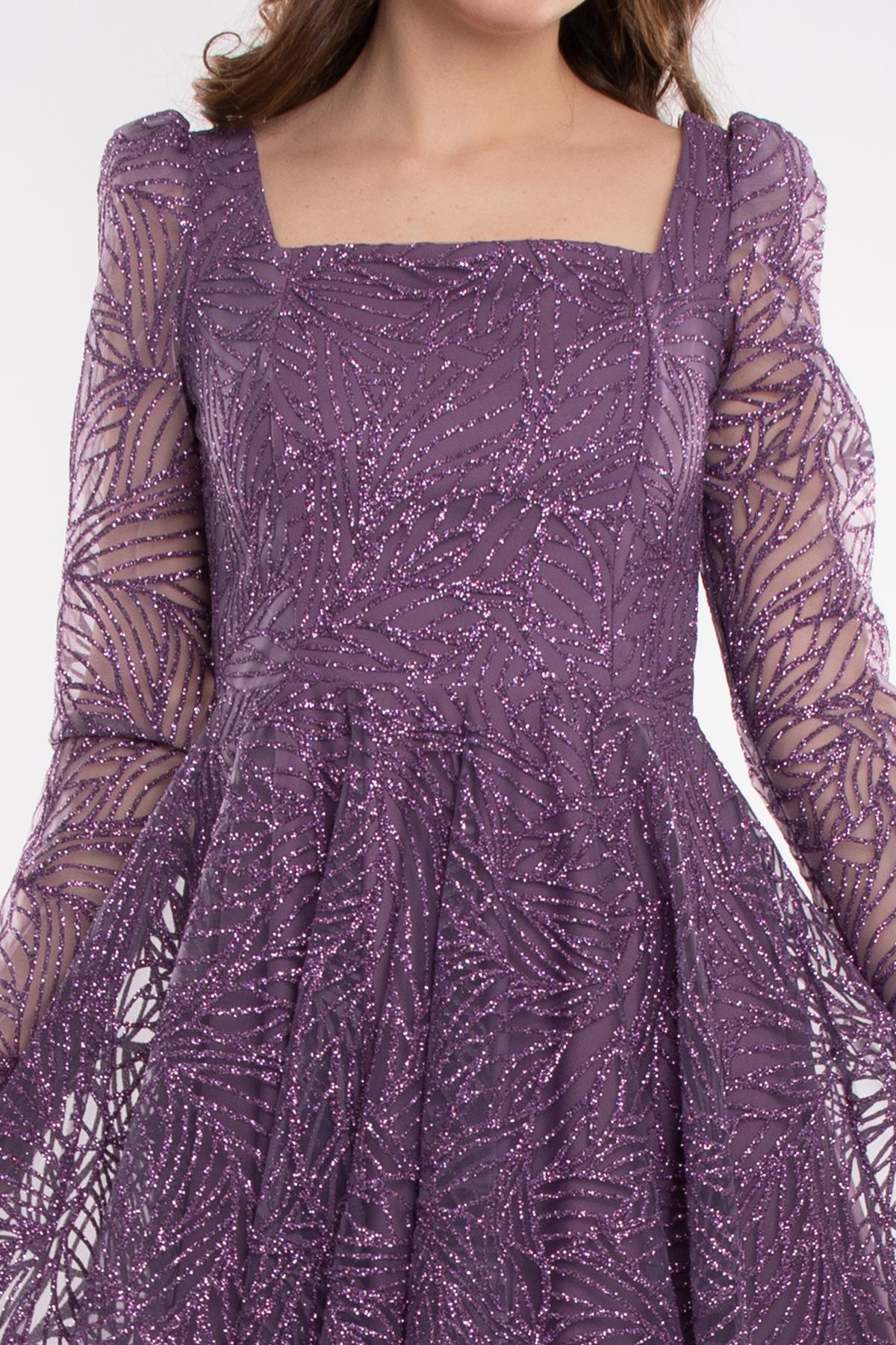 1299 Kare Yaka Uzunkol Simli Eteği Valon Midiboy Elbise