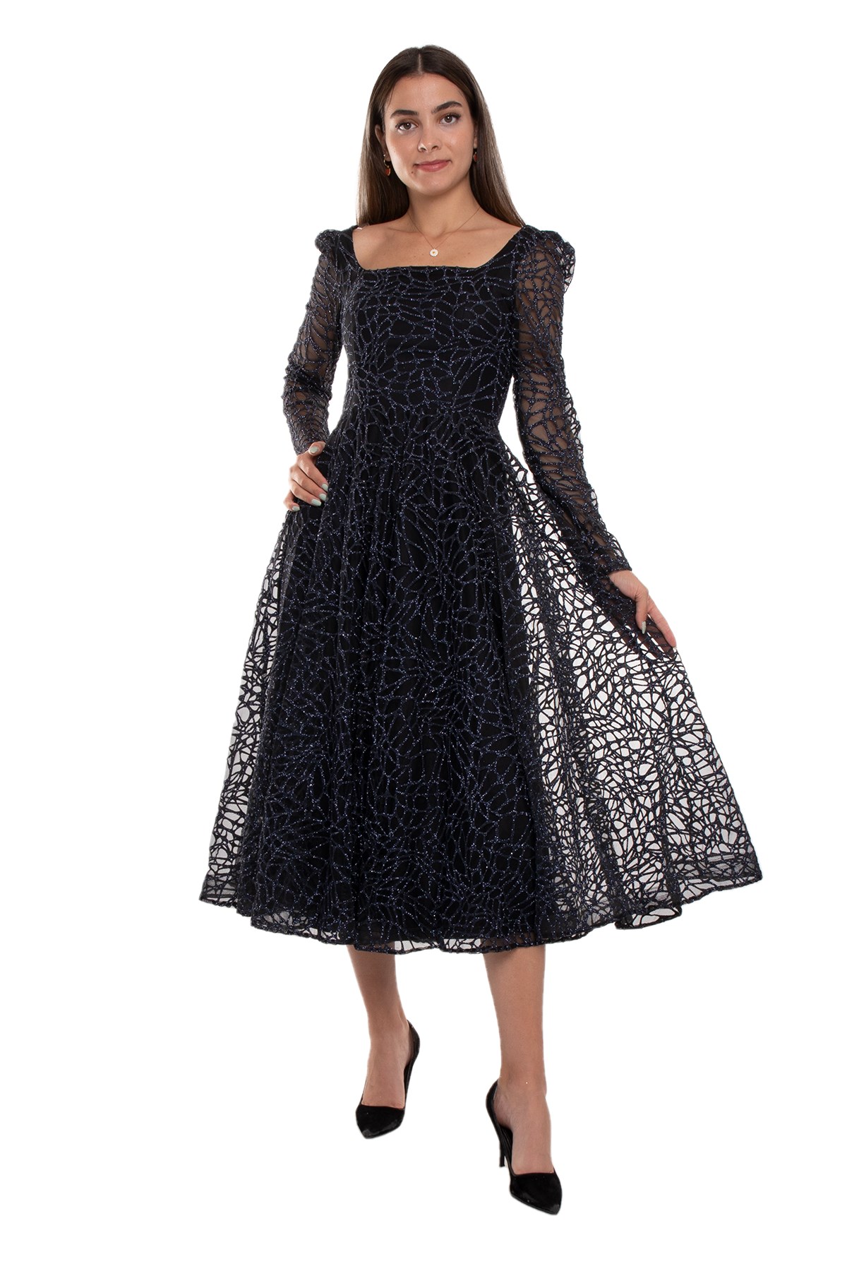 1299 Kare Yaka Uzunkol Simli Eteği Valon Midiboy Elbise