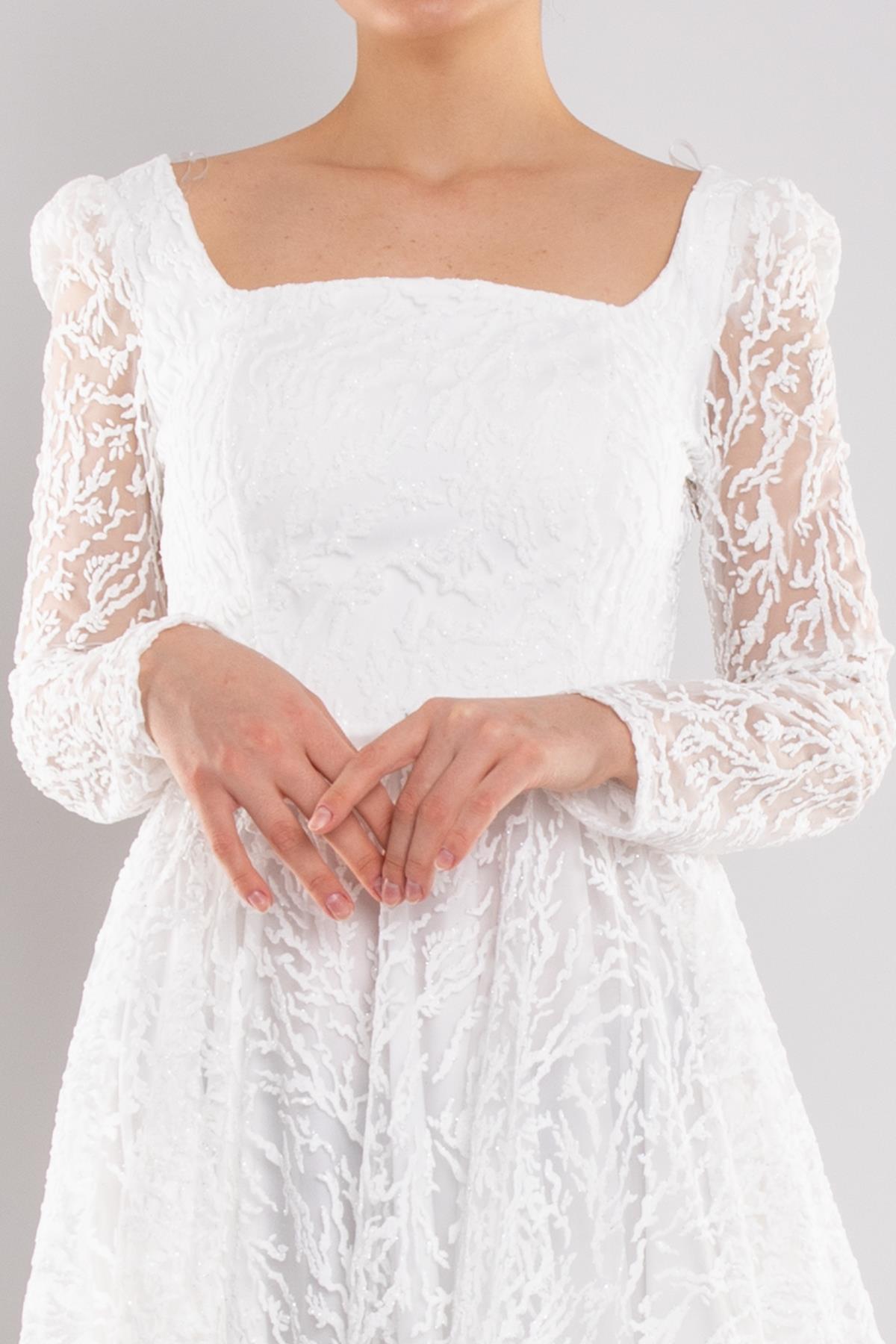 1299 Kare Yaka Uzunkol Simli Eteği Valon Midiboy Elbise