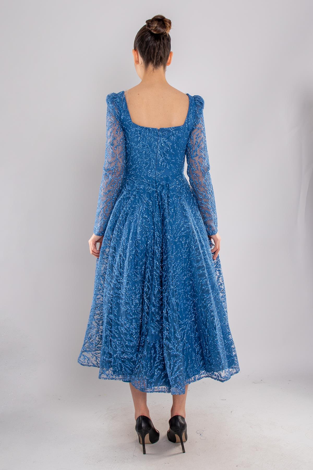 1299 Kare Yaka Uzunkol Simli Eteği Valon Midiboy Elbise