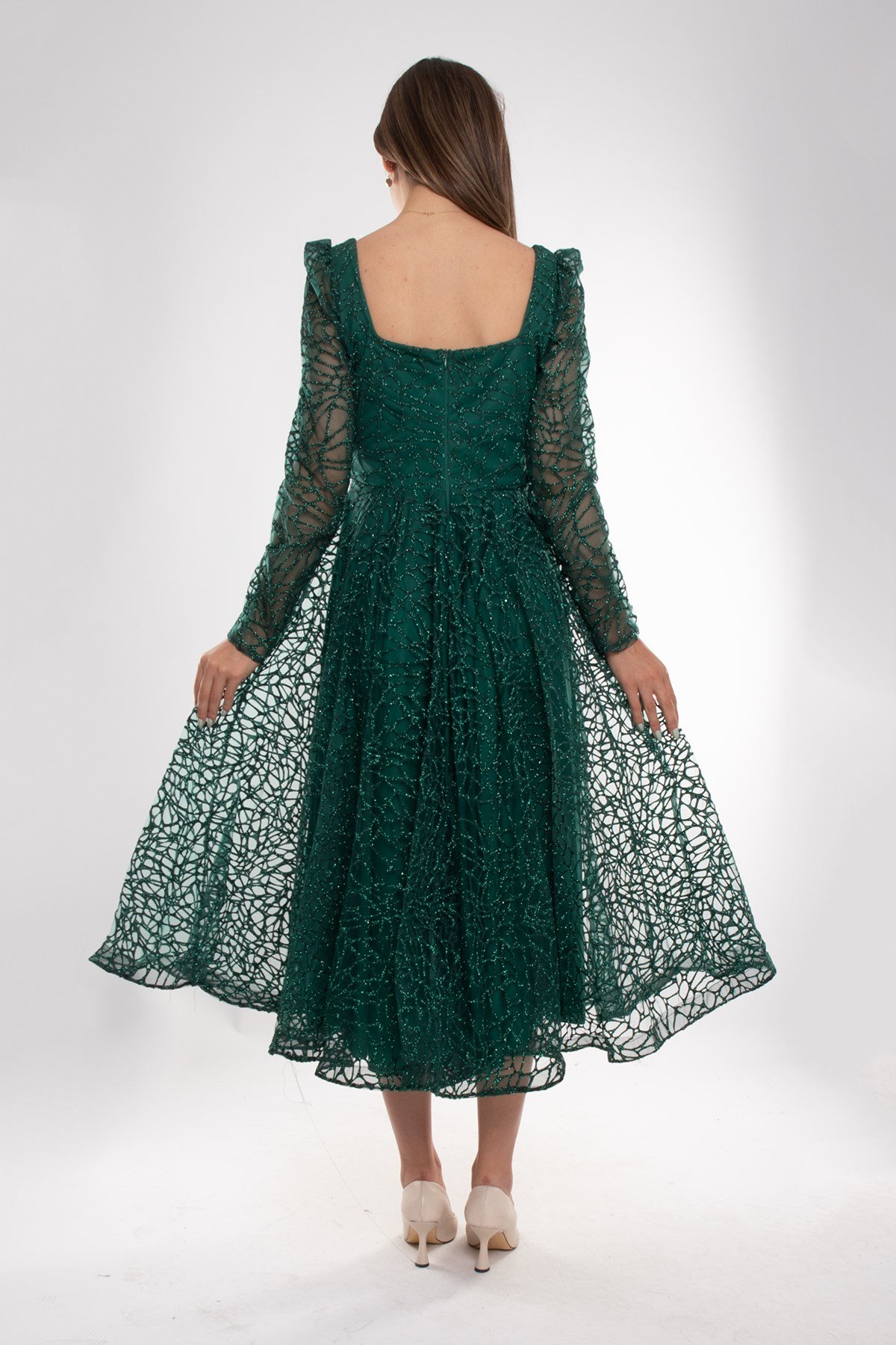 1299 Kare Yaka Uzunkol Simli Eteği Valon Midiboy Elbise