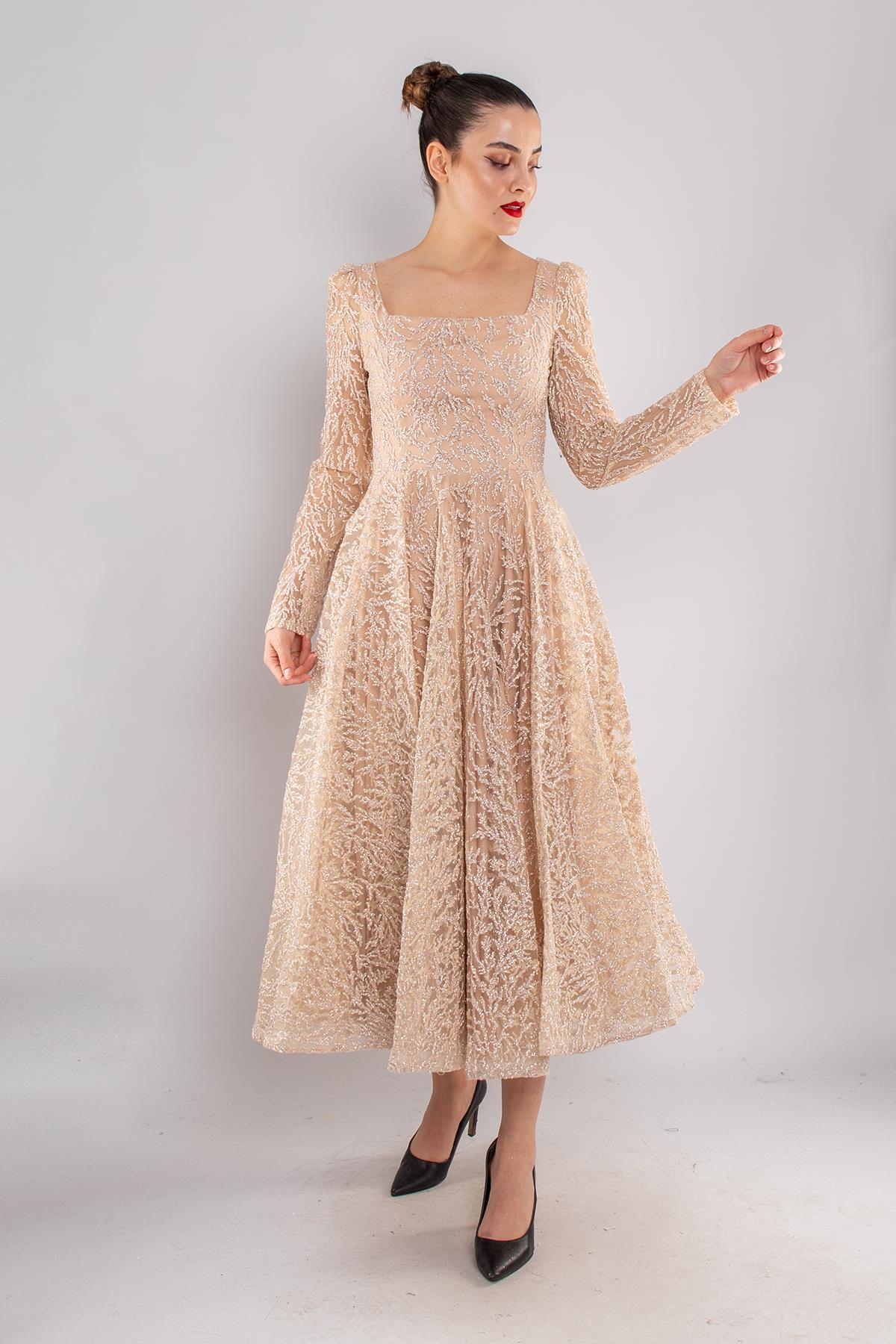 1299 Kare Yaka Uzunkol Simli Eteği Valon Midiboy Elbise