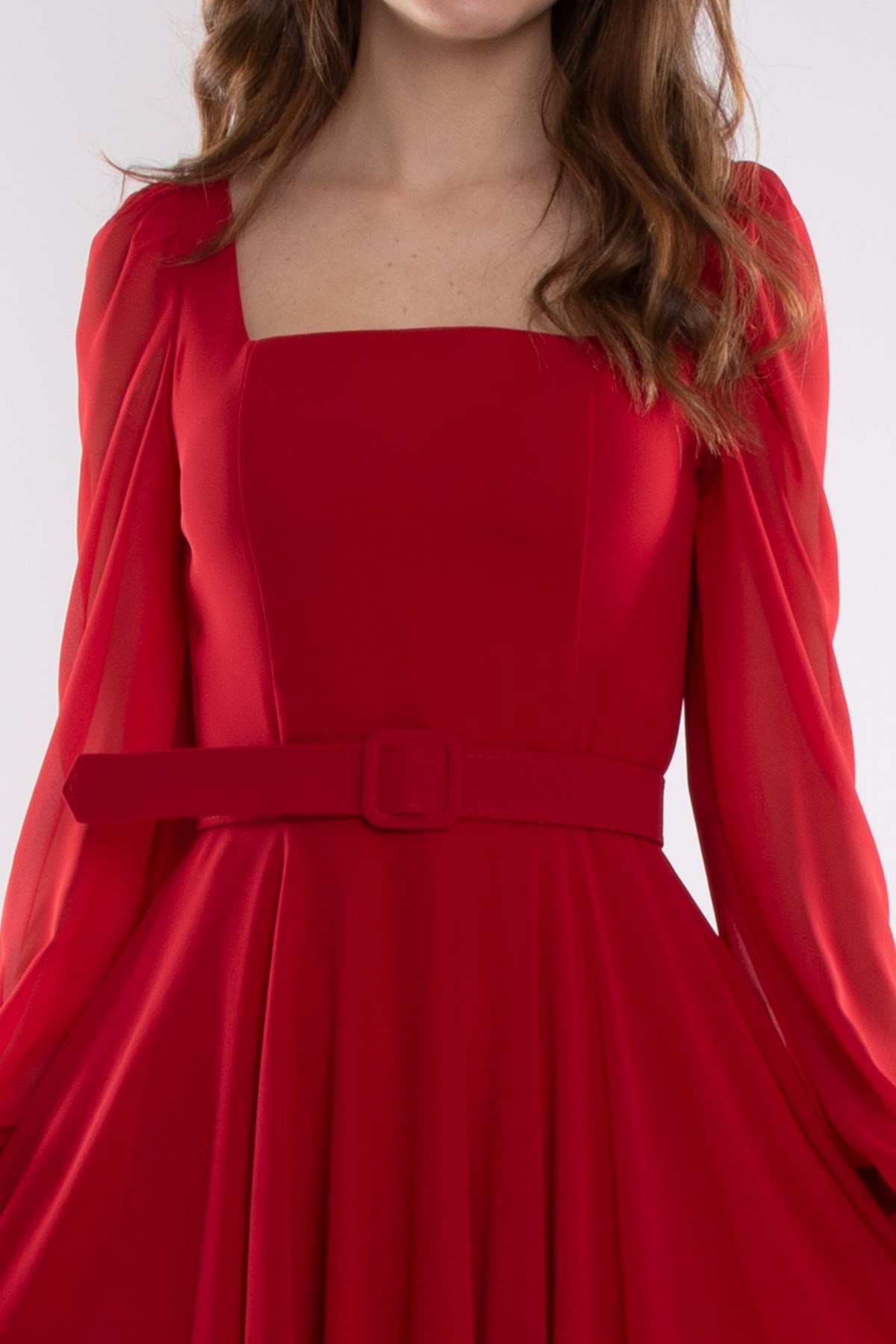 1302 Tül Kol Kare Yaka Kemerli Şifon Kloş Kısa Elbise