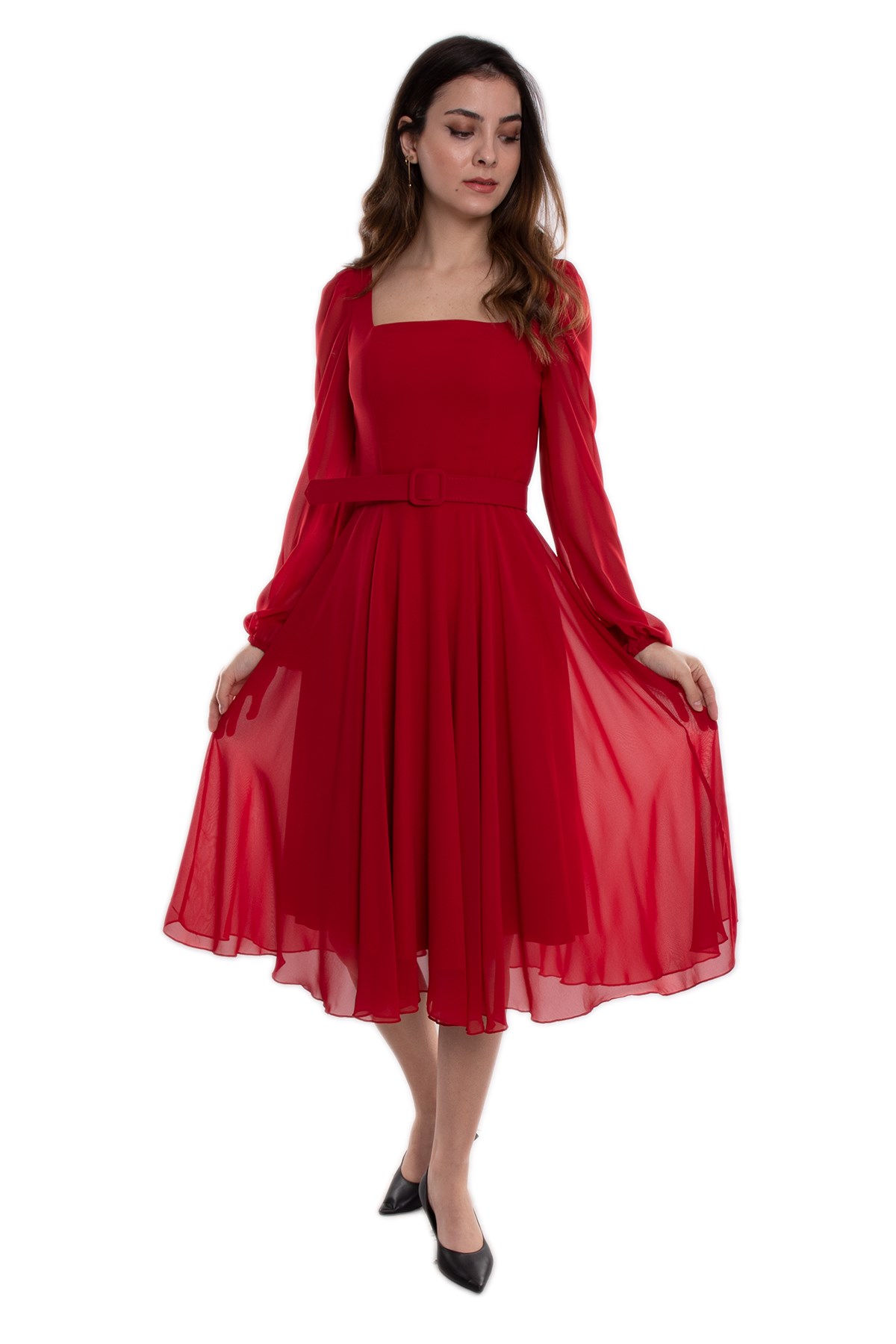 1302 Tül Kol Kare Yaka Kemerli Şifon Kloş Kısa Elbise