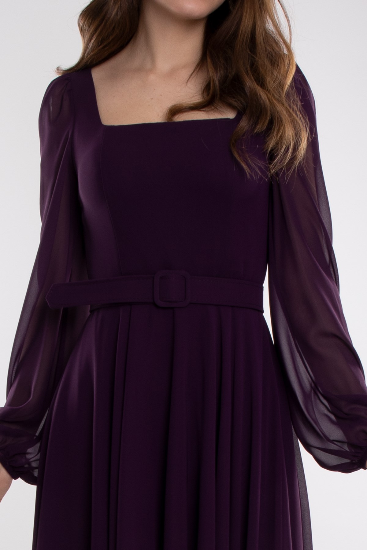 1302 Tül Kol Kare Yaka Kemerli Şifon Kloş Kısa Elbise