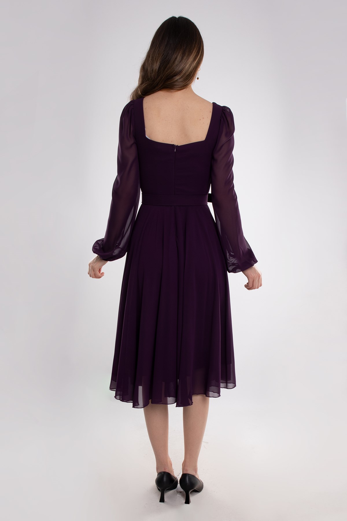 1302 Tül Kol Kare Yaka Kemerli Şifon Kloş Kısa Elbise