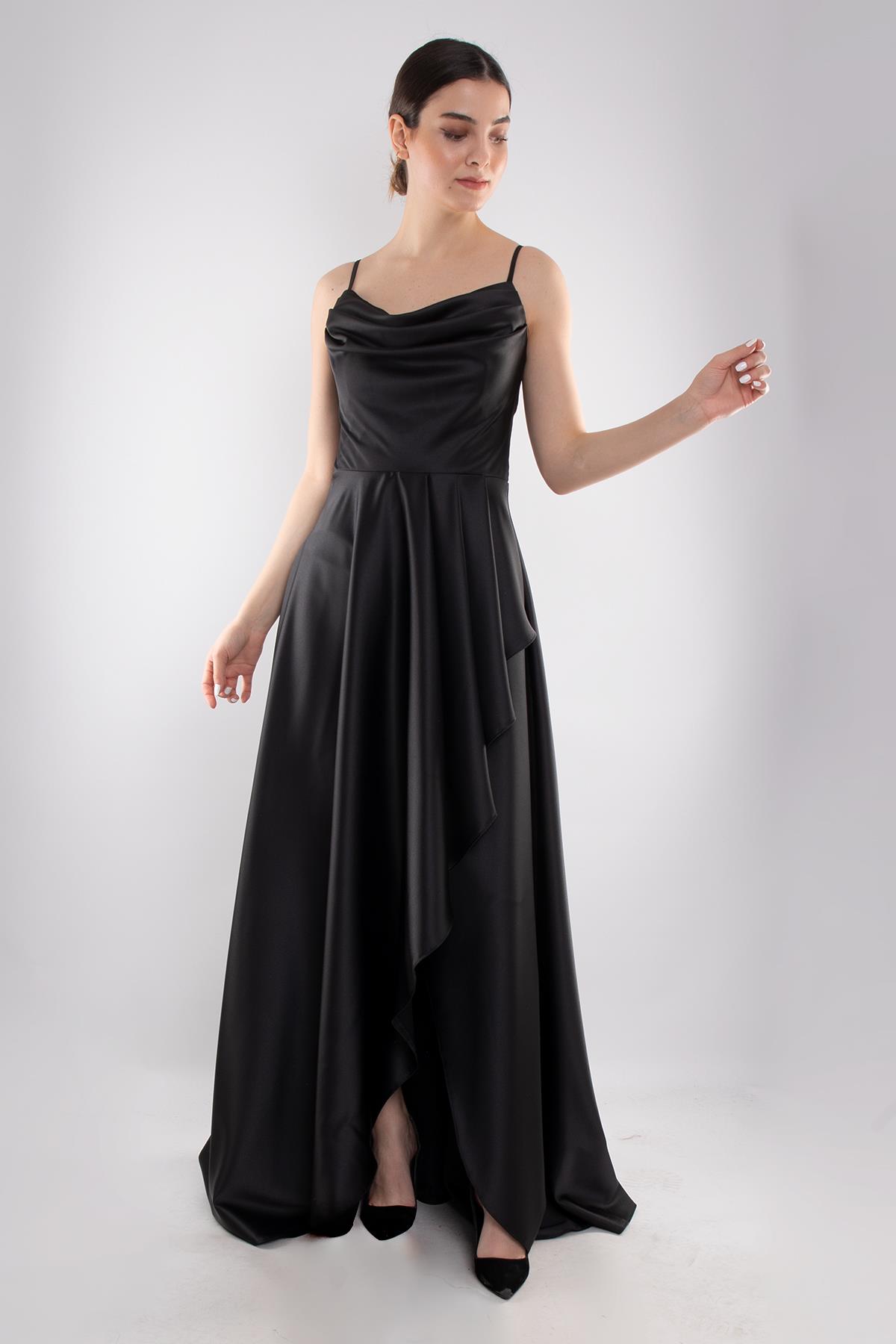 1324 Şalyaka Yırtmaçlı İpAskılı Sırtı Bağlamalı Uzun Saten Elbise