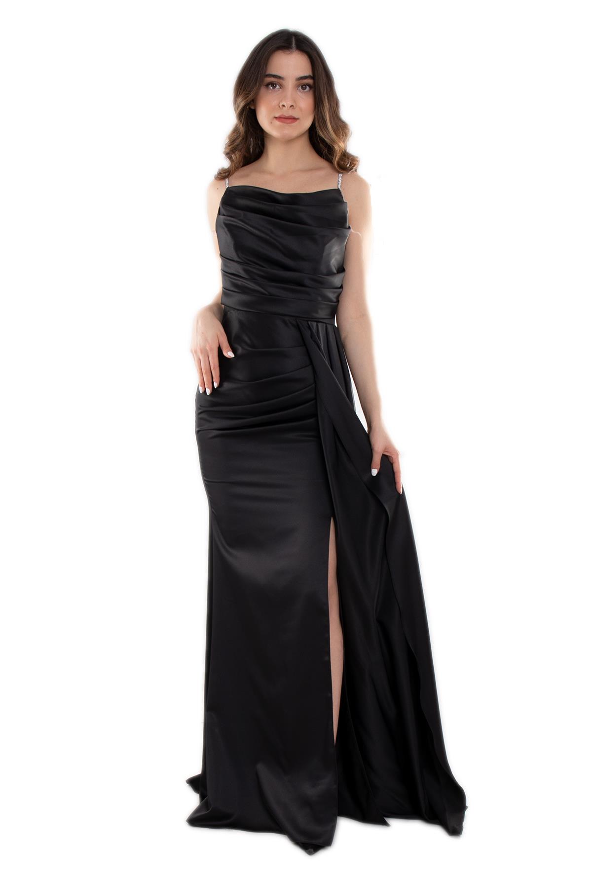 1329 İpAskılı Şalyaka Beli Drape Kuyruklu Uzun Saten Elbise