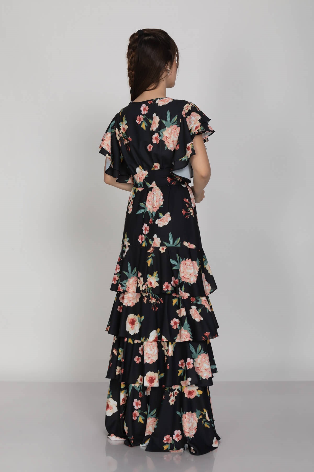 1348 KB Eteği Katkat Gül Desen Krep Şifon Elbise