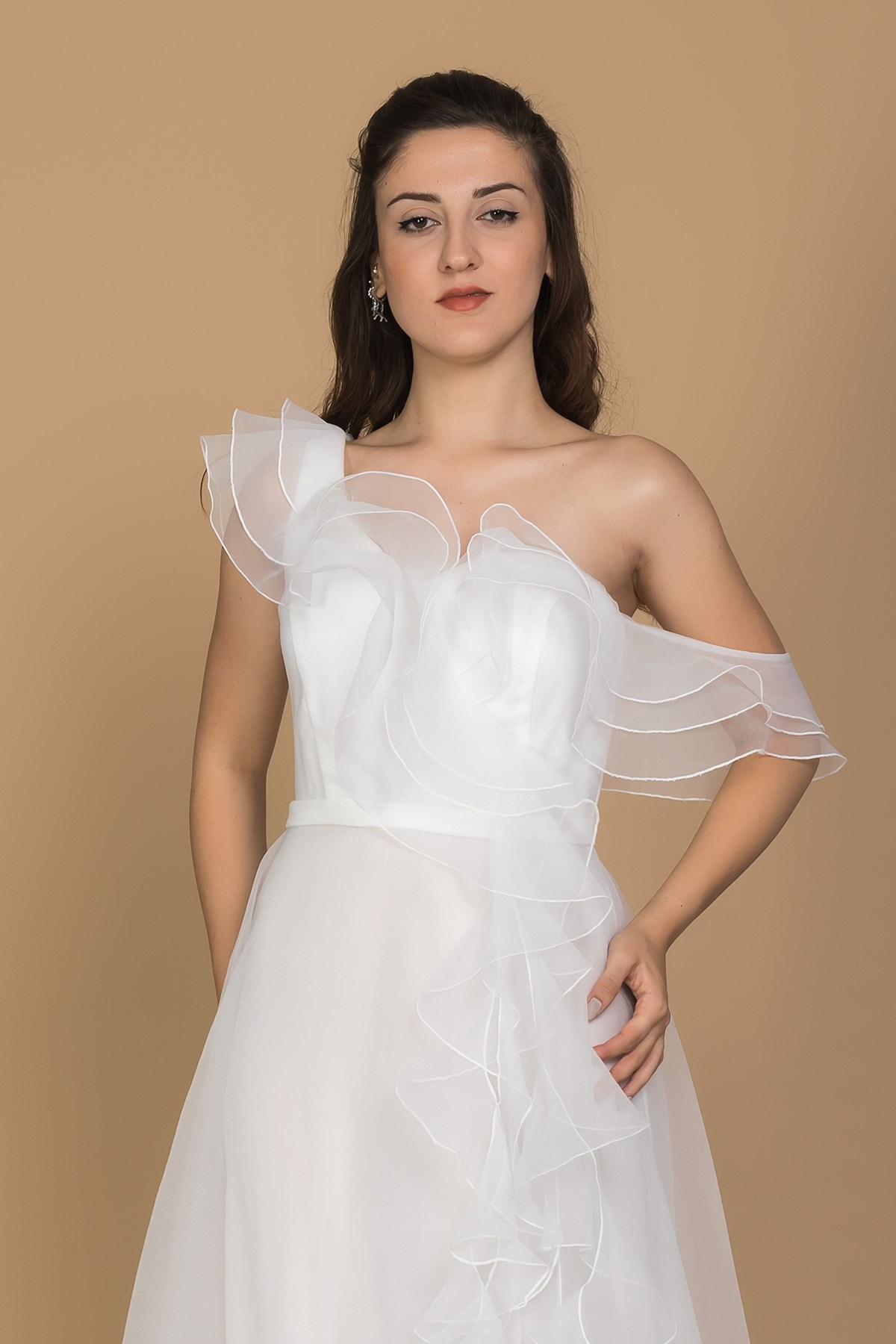 1356 Organze Tül Yaka Omuz Valonlu Uzun Nişanlık Elbise