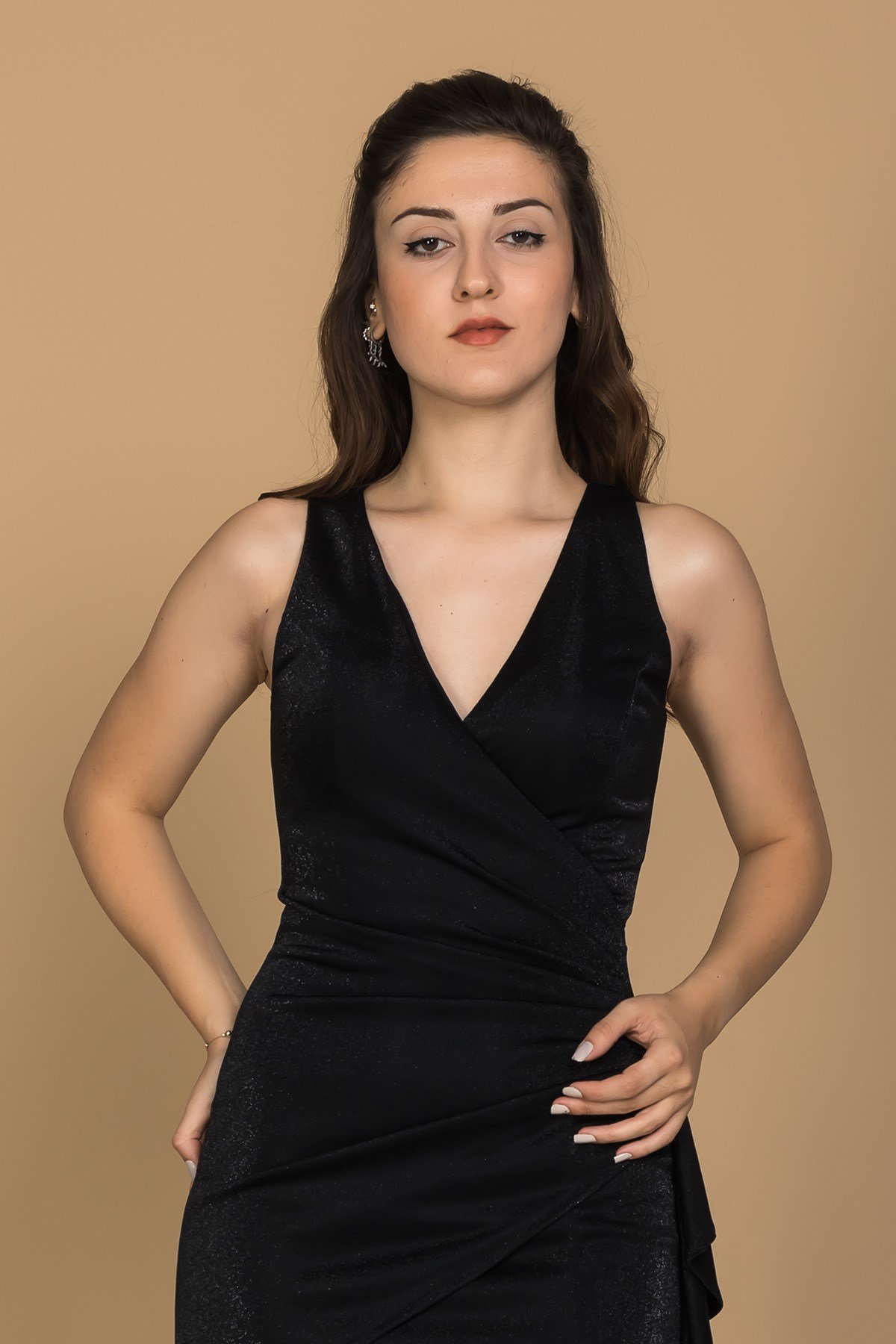 1359 Kruvaze Yaka Yanı Drape Eteği Valonlu Yırtmaç Uzun Sim Elbise