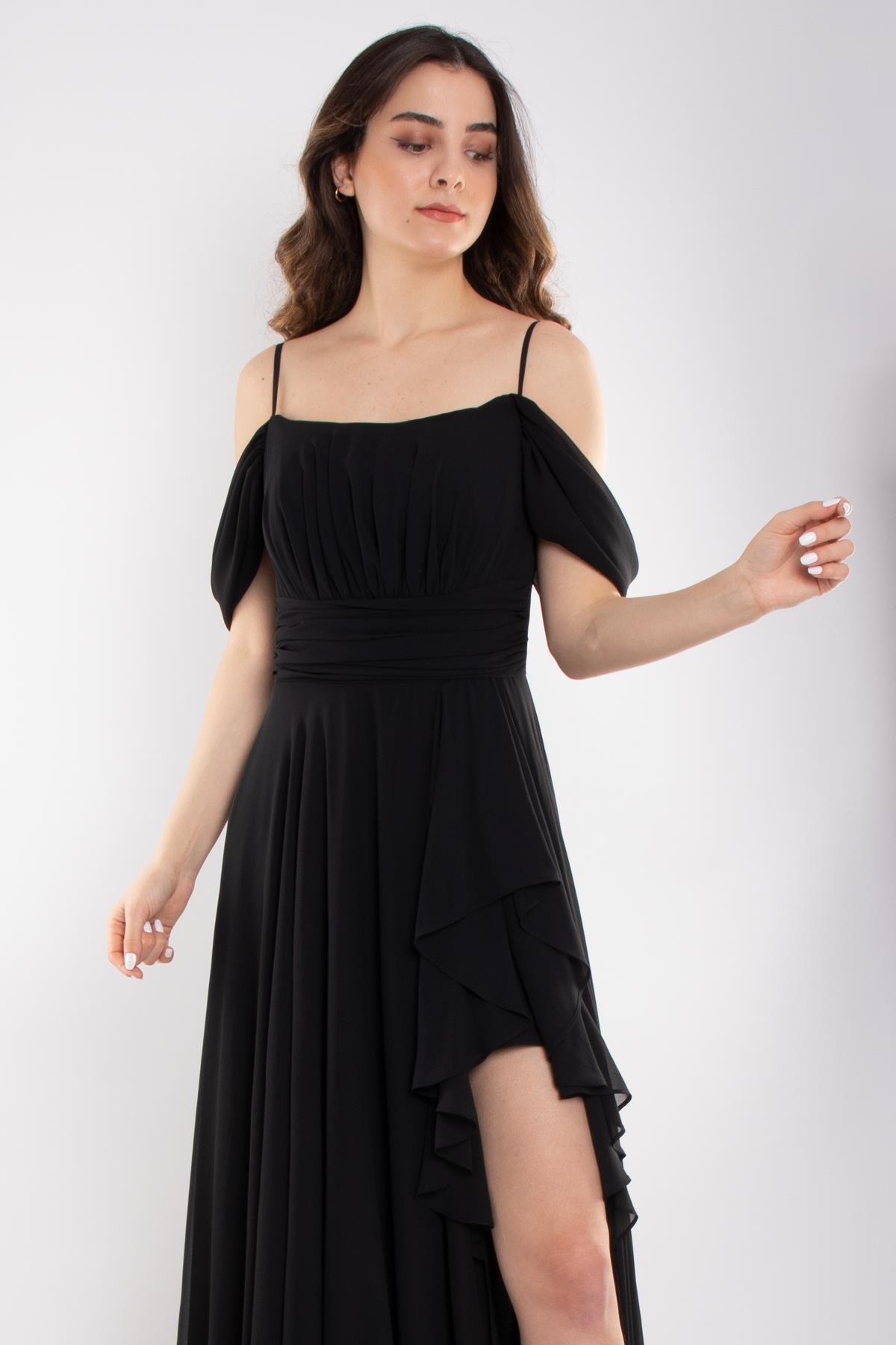 1380 İp Askı Göğüs Drape Yanı Fırfırlı Uzun Şifon Elbise