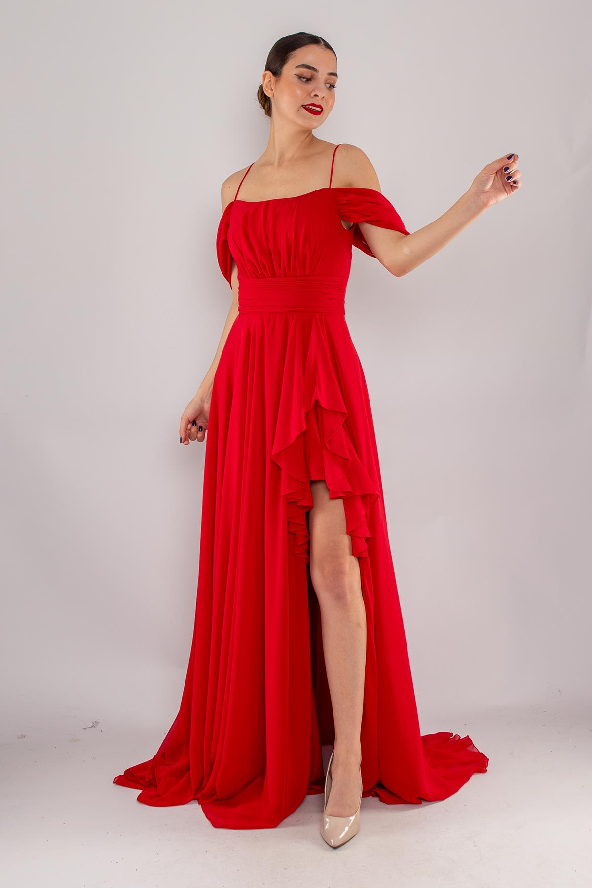 1380 İp Askı Göğüs Drape Yanı Fırfırlı Uzun Şifon Elbise