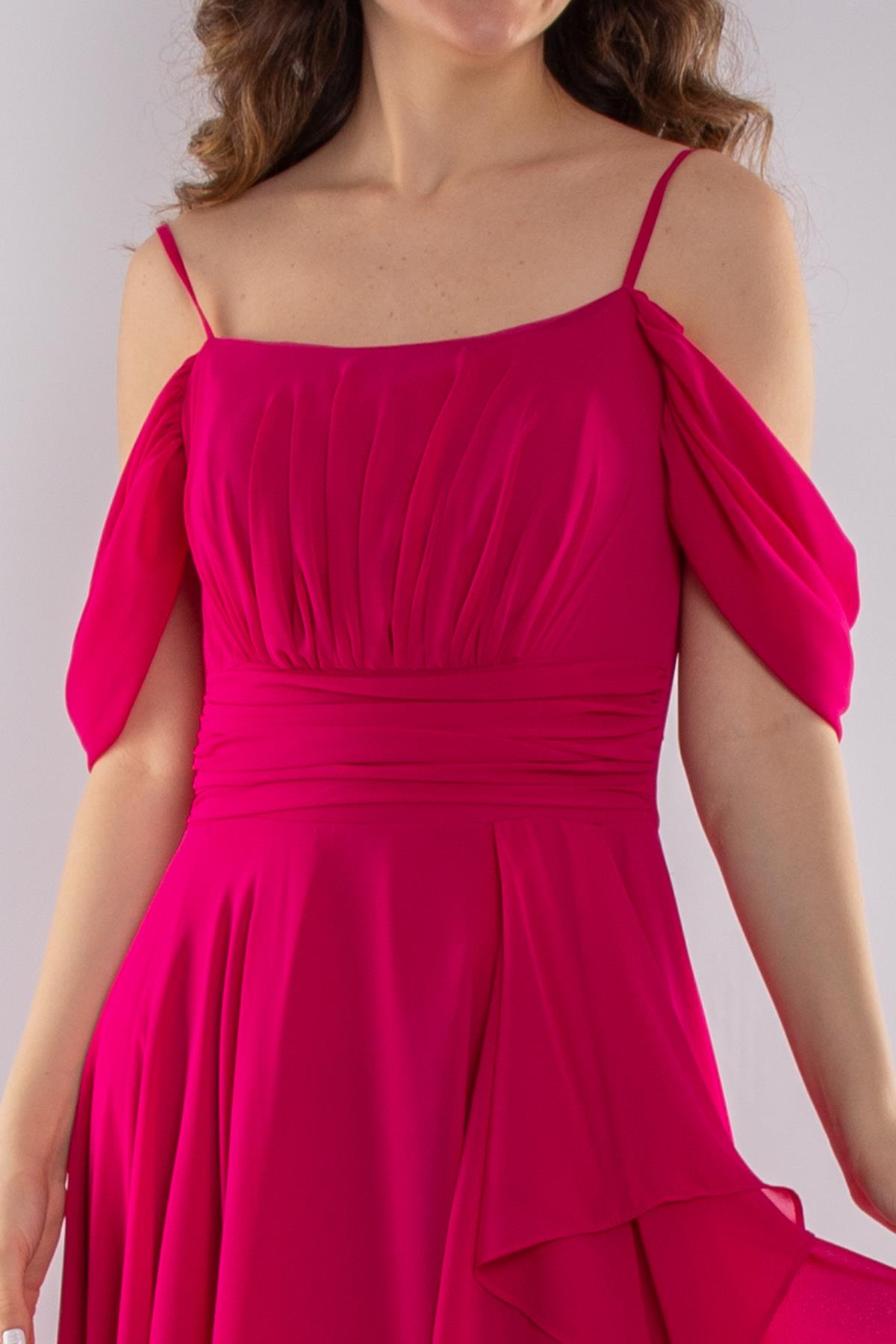 1380 İp Askı Göğüs Drape Yanı Fırfırlı Uzun Şifon Elbise