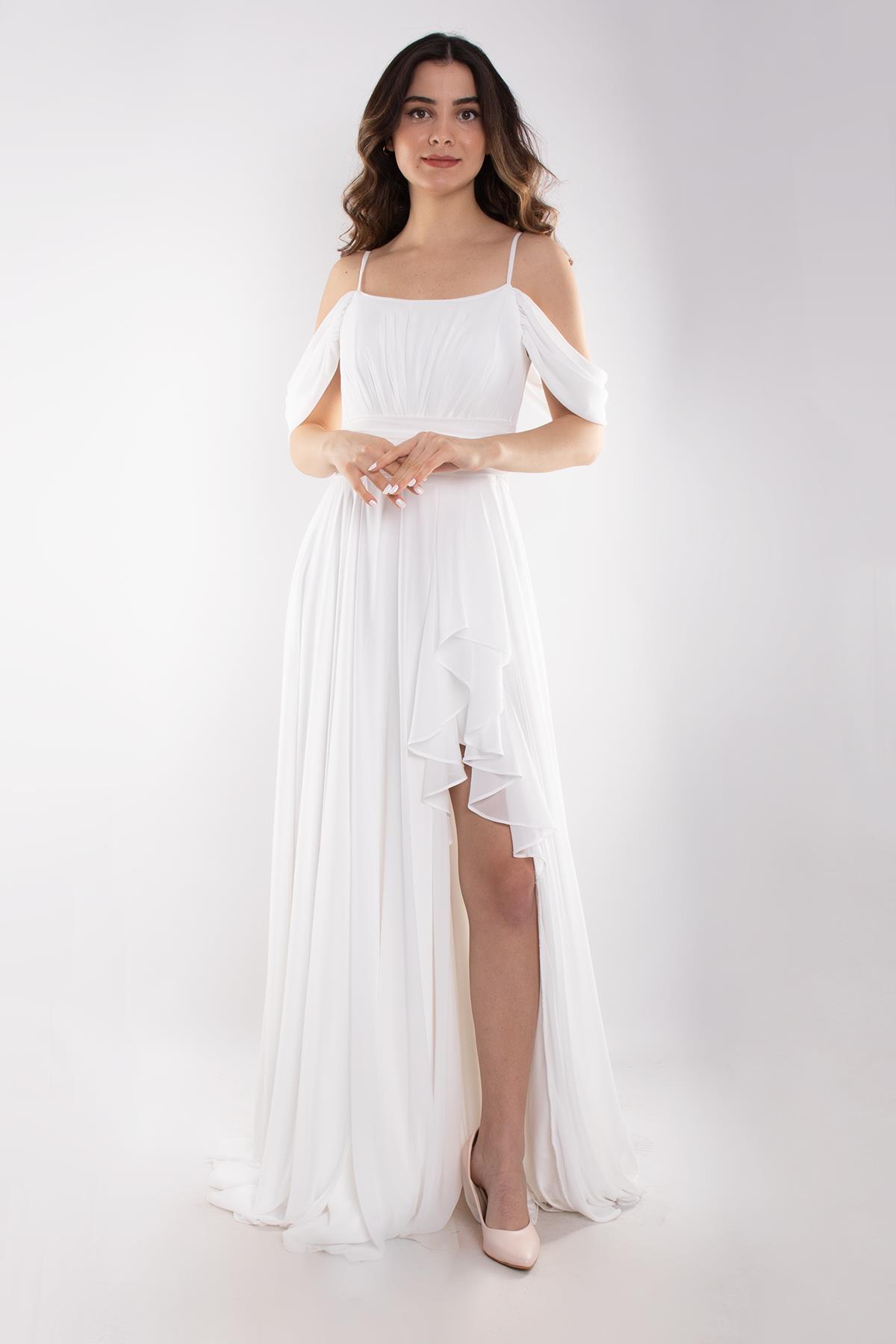 1380 İp Askı Göğüs Drape Yanı Fırfırlı Uzun Şifon Elbise