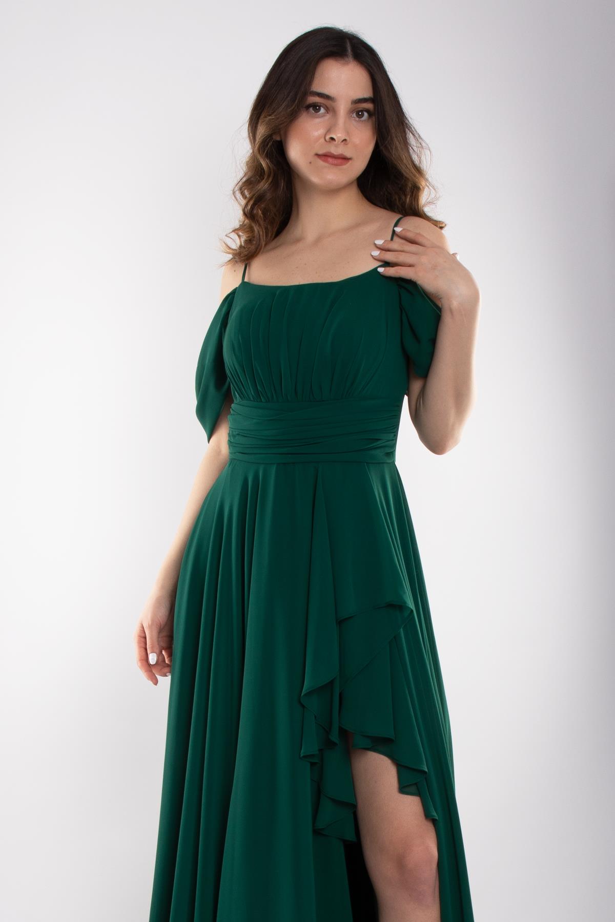 1380 İp Askı Göğüs Drape Yanı Fırfırlı Uzun Şifon Elbise