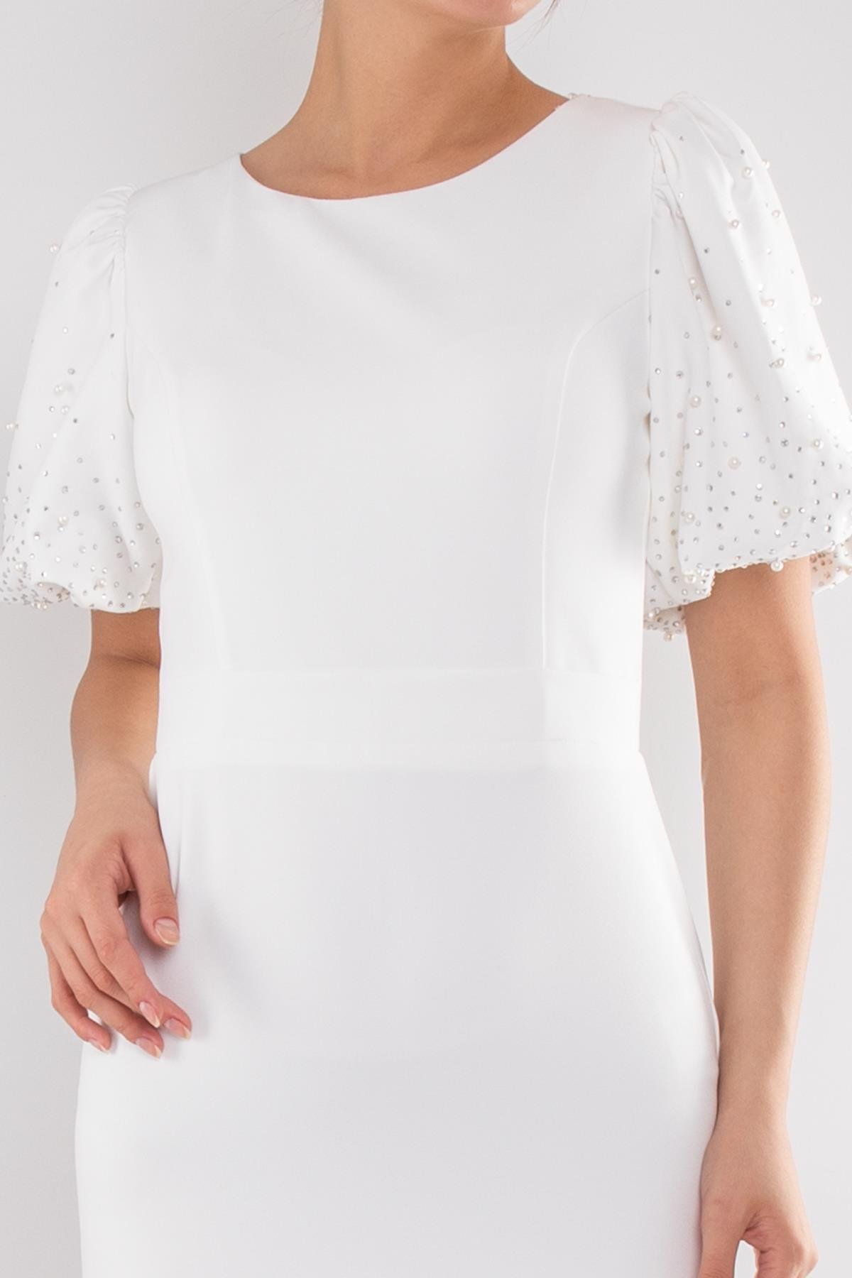 1400 İncili Balon Kol Kısa Krep Elbise