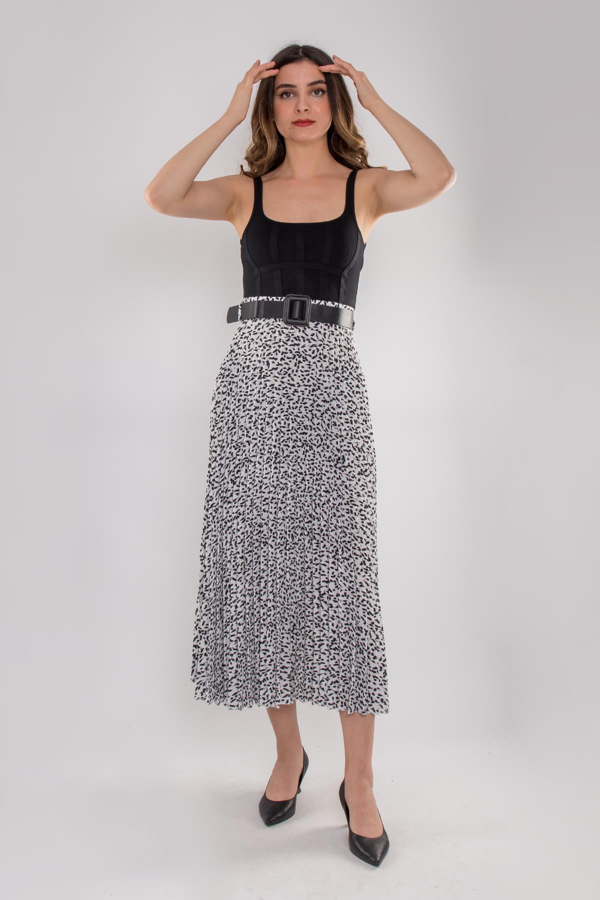 1403 Bel Kemerli Leopar Desen Piliseli Midiboy Etek