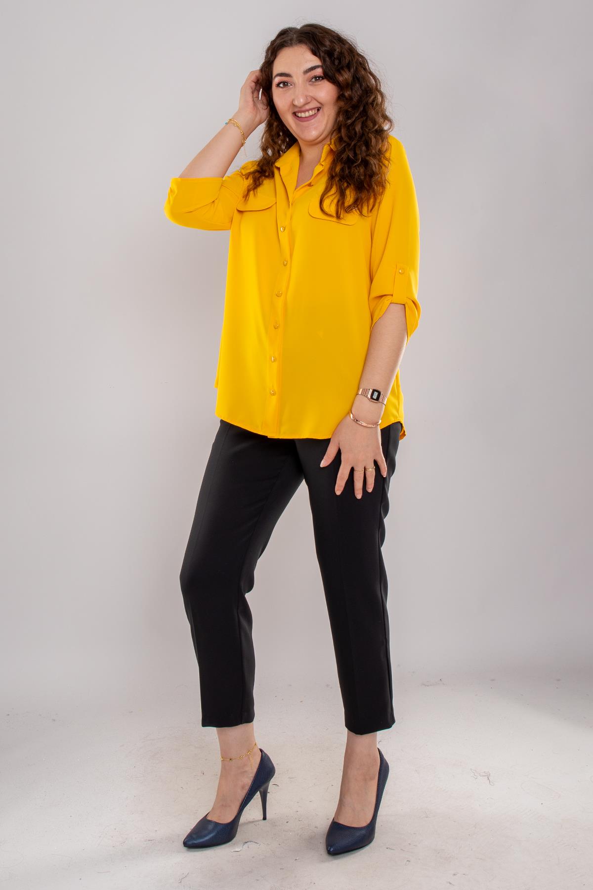 1404 Büyük Beden Cep Kapaklı Truvakar Kol Büyük Beden Kadın Gömlek