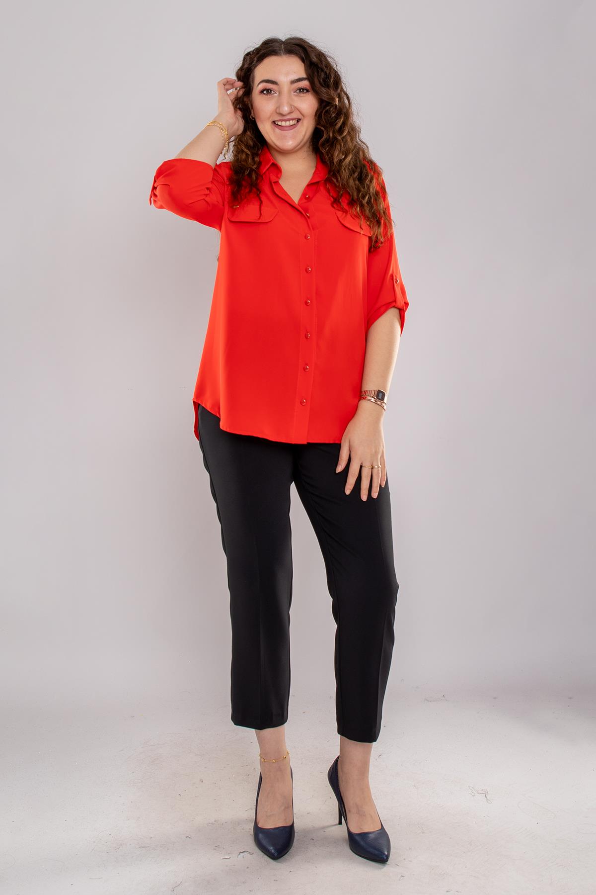 1404 Büyük Beden Cep Kapaklı Truvakar Kol Büyük Beden Kadın Gömlek