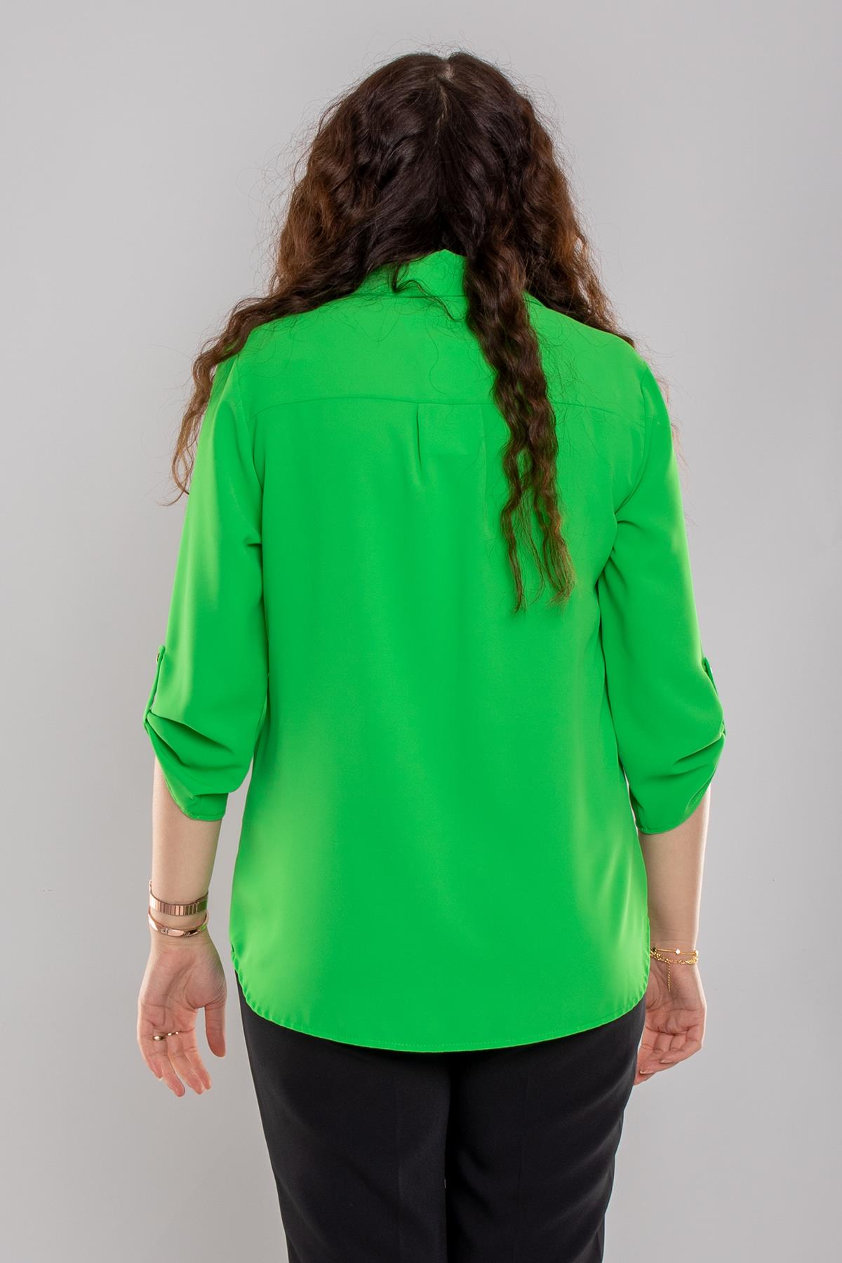 1404 Büyük Beden Cep Kapaklı Truvakar Kol Büyük Beden Kadın Gömlek