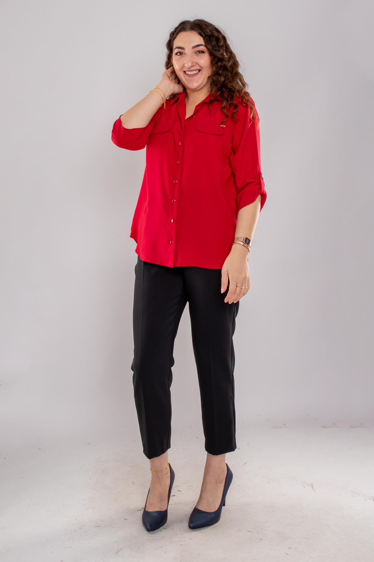 1404 Büyük Beden Cep Kapaklı Truvakar Kol Büyük Beden Kadın Gömlek