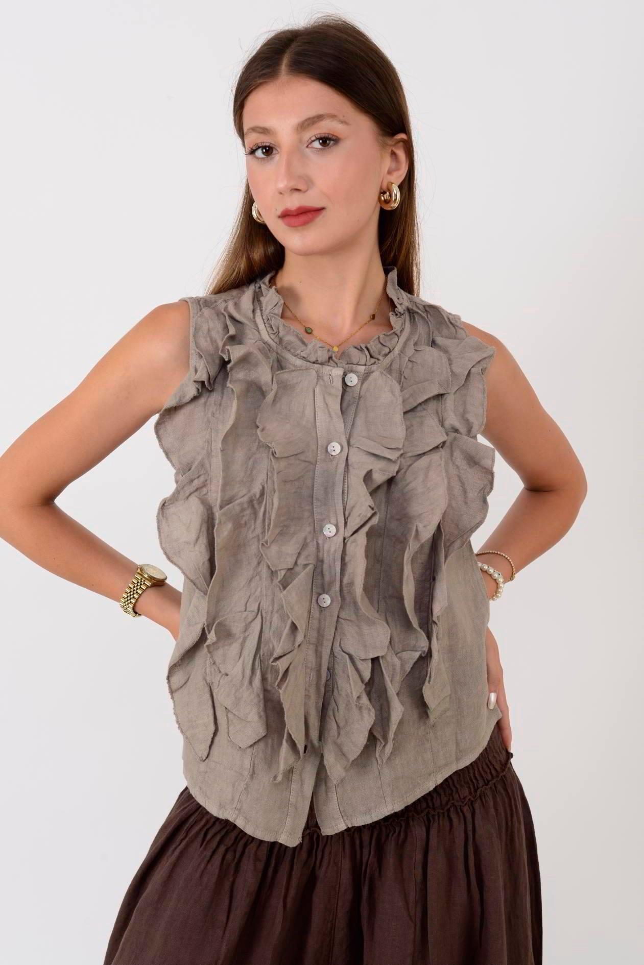 14092 Düz Desen Fırfırlı Düğmeli Kolsuz Keten Bluz