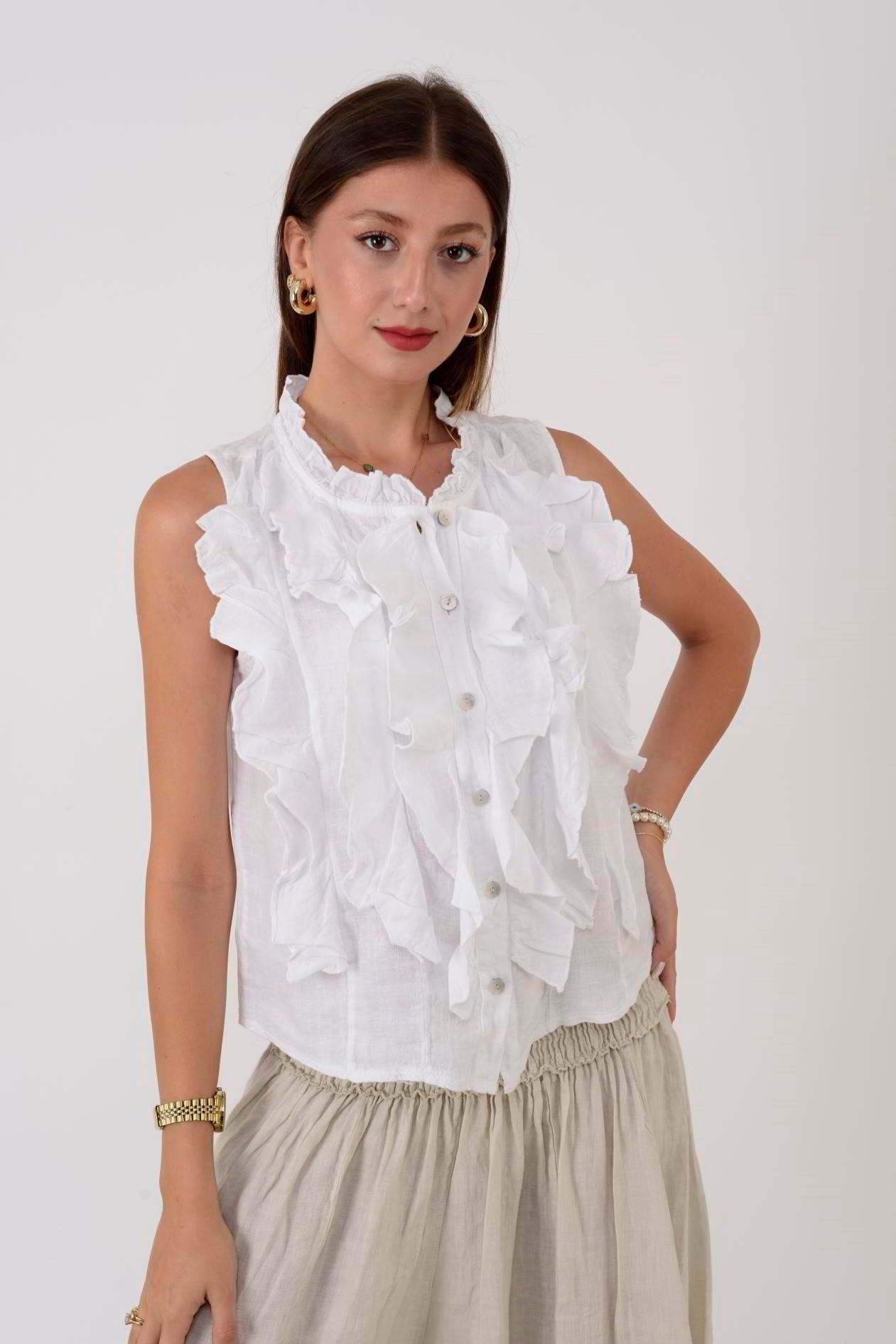 14092 Düz Desen Fırfırlı Düğmeli Kolsuz Keten Bluz