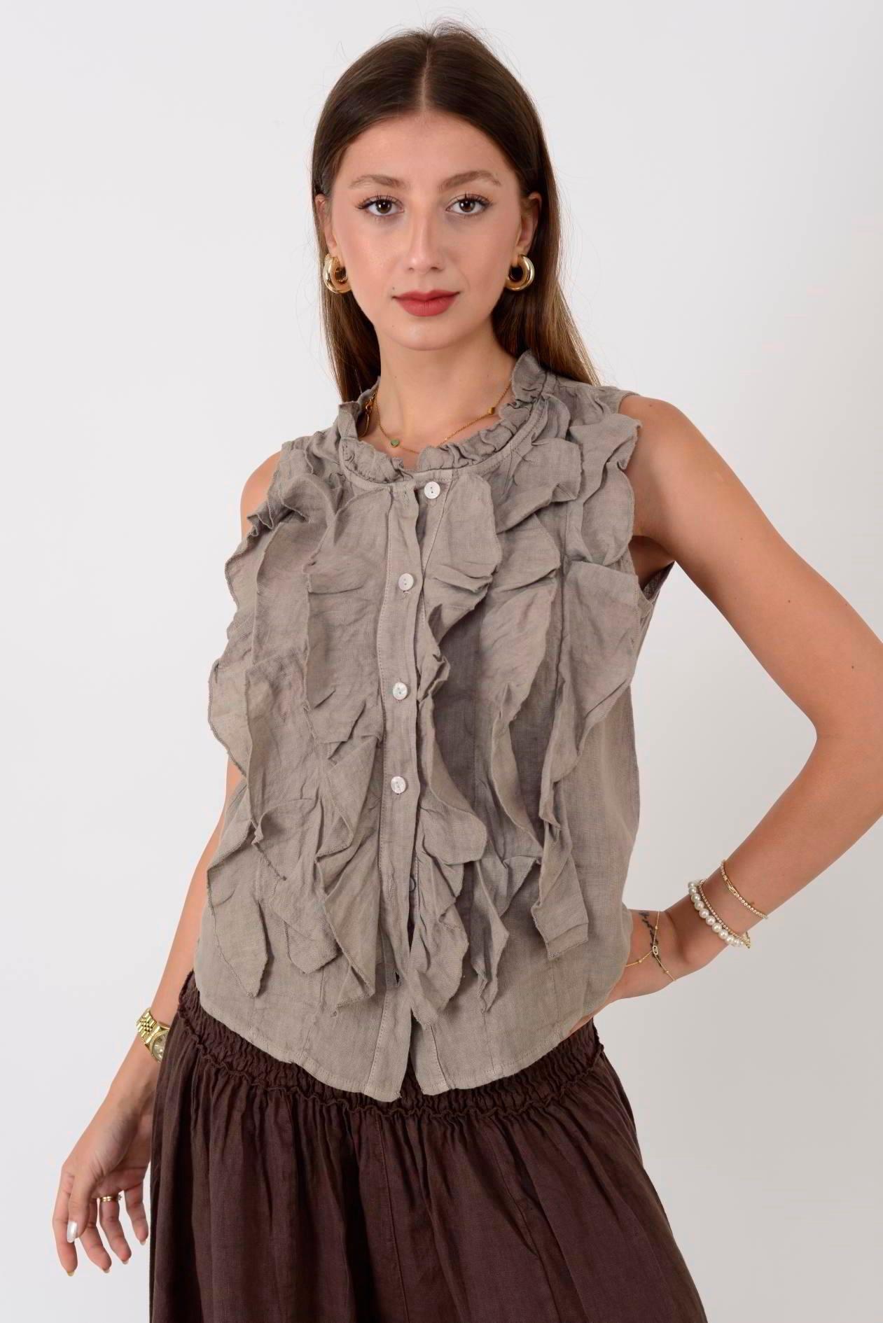 14092 Düz Desen Fırfırlı Düğmeli Kolsuz Keten Bluz