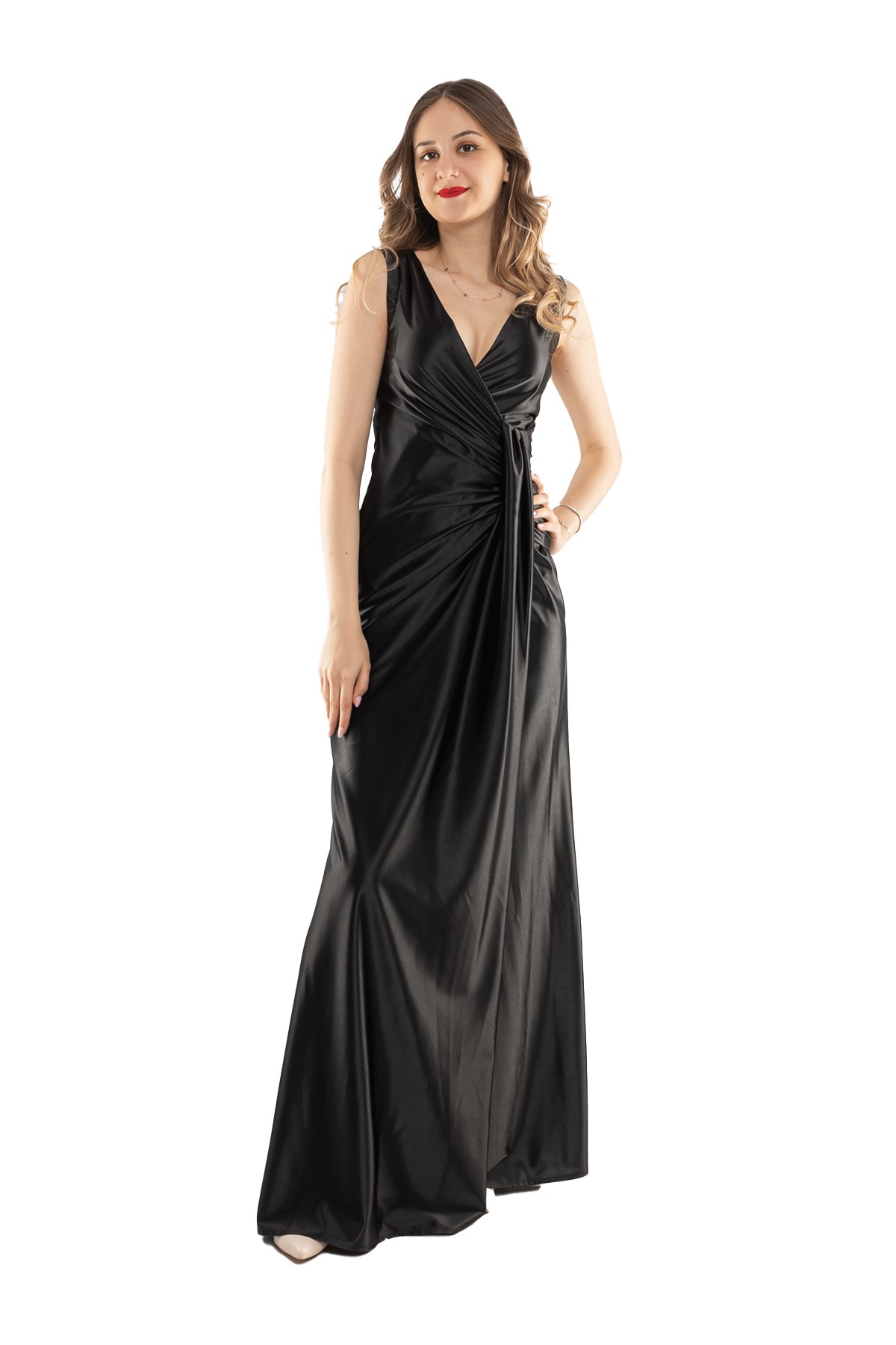 1415 Önü Geçmeli Parlak Saten Uzun Abiye Elbise