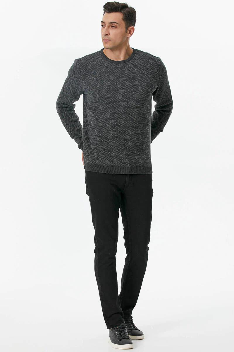 14225 Yünlü Sıfır Yaka Desenli Erkek Triko Kazak