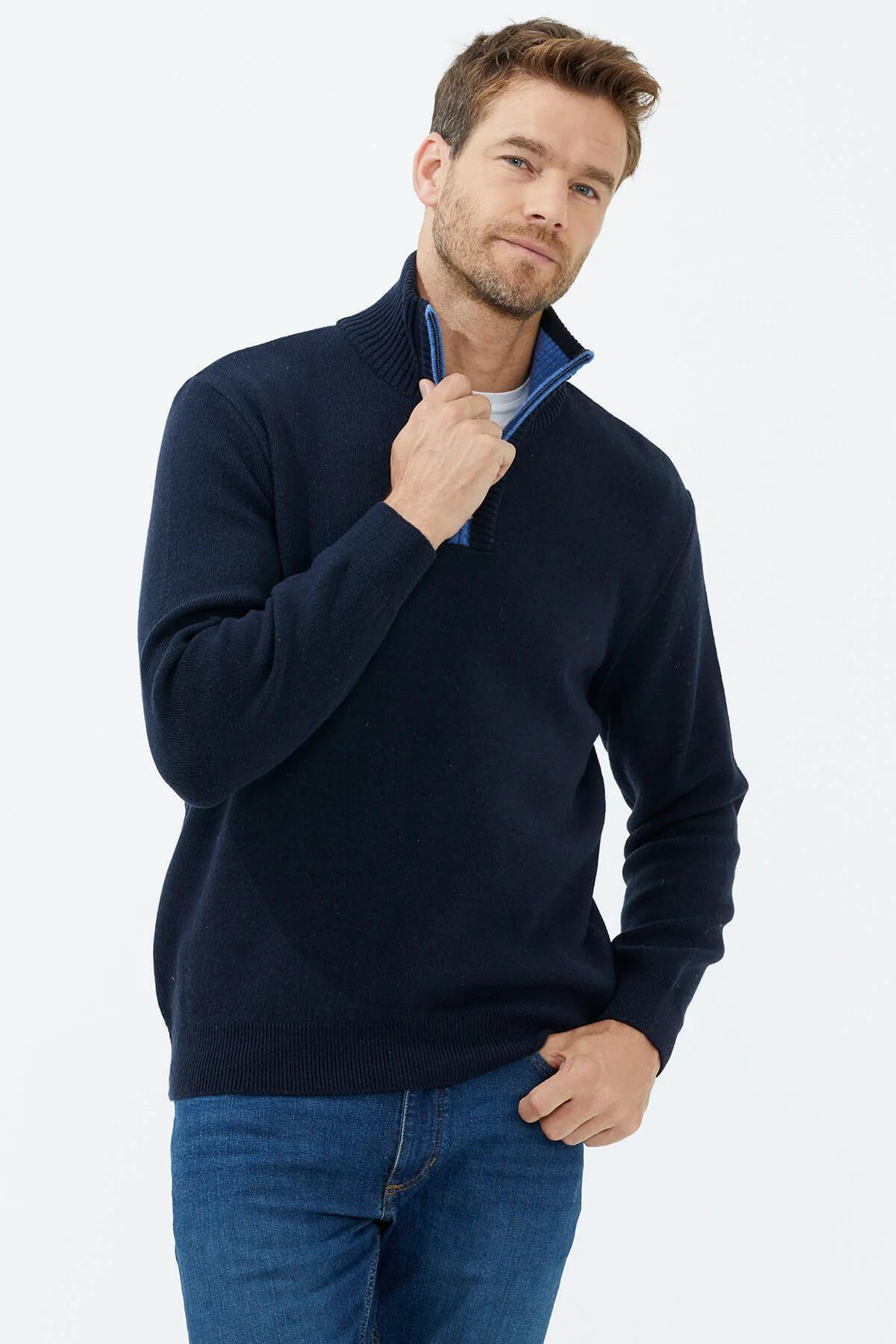 14252 Dik Yaka Fermuarlı Triko Erkek Kazak