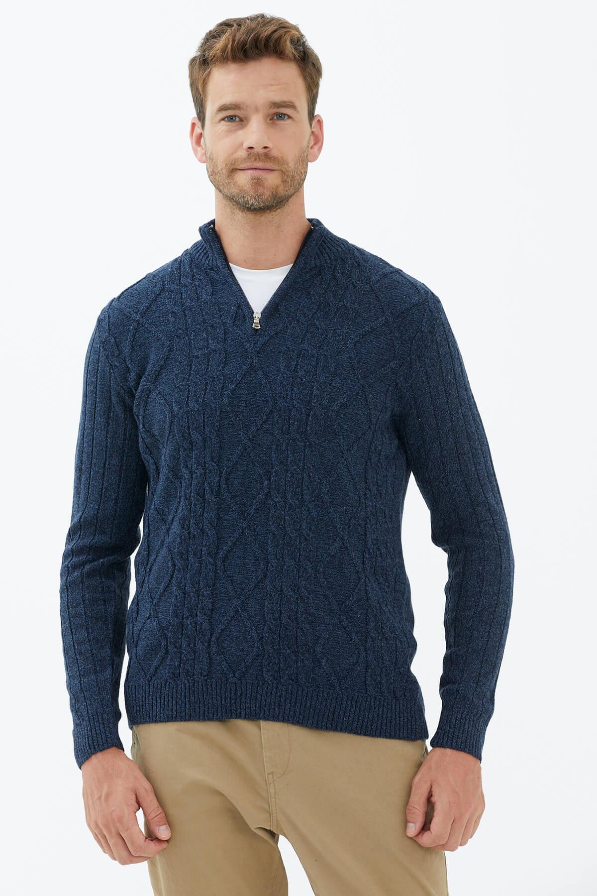 14255 Yünlü Dik Yaka Fermuarlı Erkek Triko Kazak