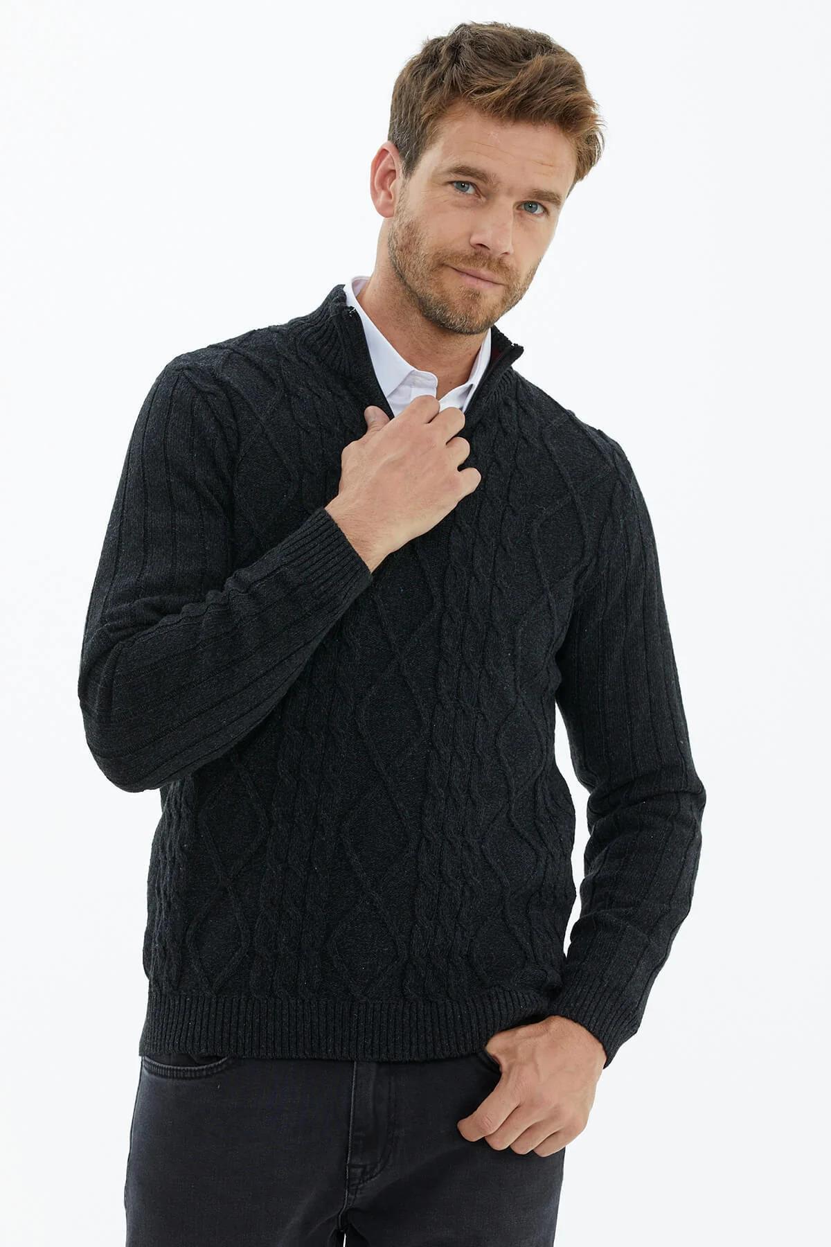 14255 Yünlü Dik Yaka Fermuarlı Erkek Triko Kazak