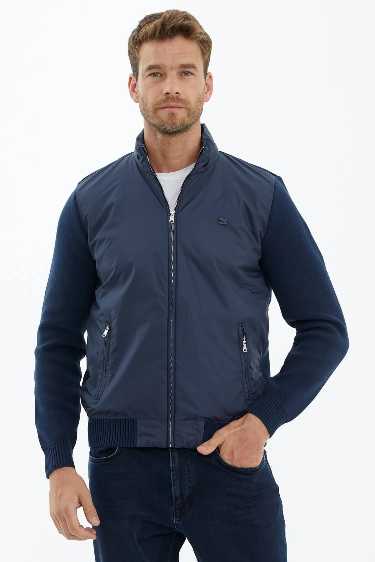 14258 Sıfır Yaka Önden Mikro Fermuarlı Erkek Triko Mont